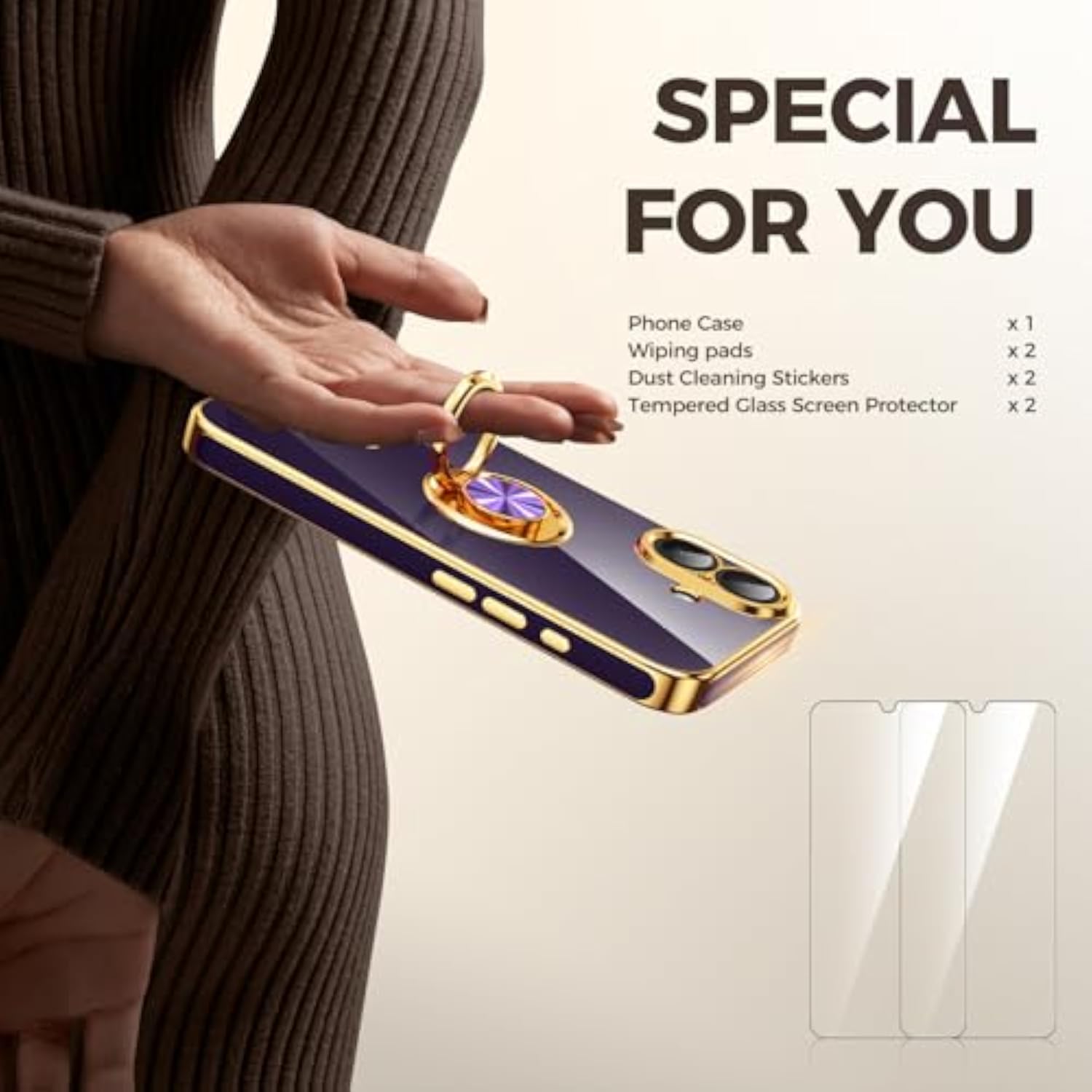 Luxury Gold Edge Slim Soft Phone Case for iPhone 16 - Purple, 2 Pack Screen Protector, 360° Rotatable Ring Holder, Hearts Pattern Plating Gold Edge Case
