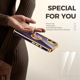 Luxury Gold Edge Slim Soft Phone Case for iPhone 16 - Purple, 2 Pack Screen Protector, 360° Rotatable Ring Holder, Hearts Pattern Plating Gold Edge Case
