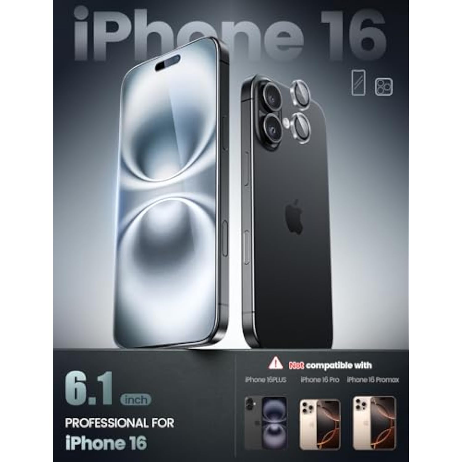 2+2 Pack Screen & Camera Protector for iPhone 16 [6.1"], 9H Glass, Easy Align, HD Clear