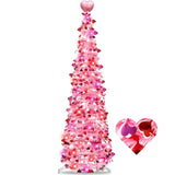 Valentines Day Decorations 5Ft Pink Valentines Christmas Tree With Lights Timer Battery Operated Pop Up Artificial Tree With Heart Ornaments, Heart Topper Decorations For Indoor Home Outdoor Office
