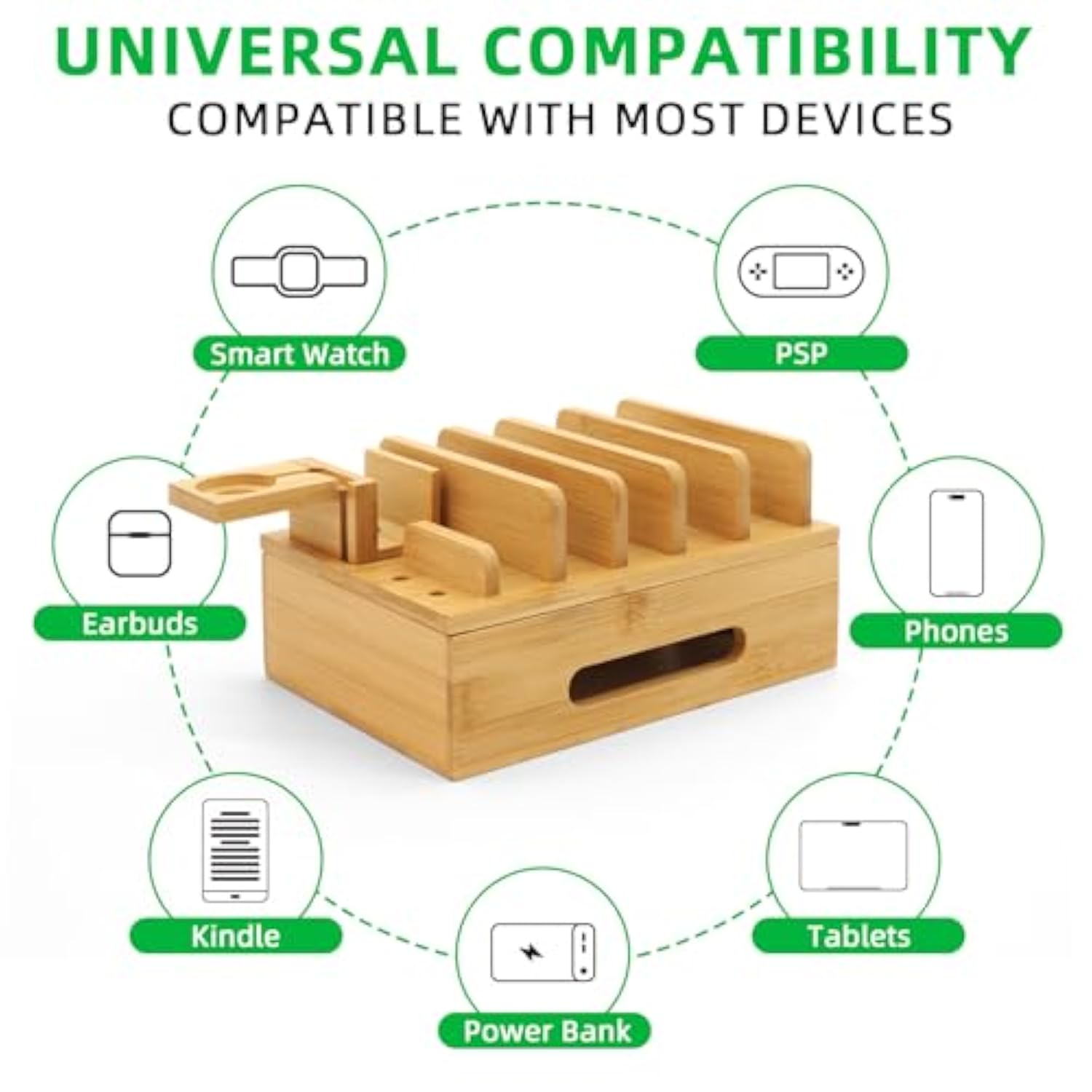 Bamboo Charging Station For Multiple Devices, Desk Wood Docking Station For Phones, Tablets, Watch, Earbuds, Charger Organizer Included 6 Cables & 5-Port Usb Charger