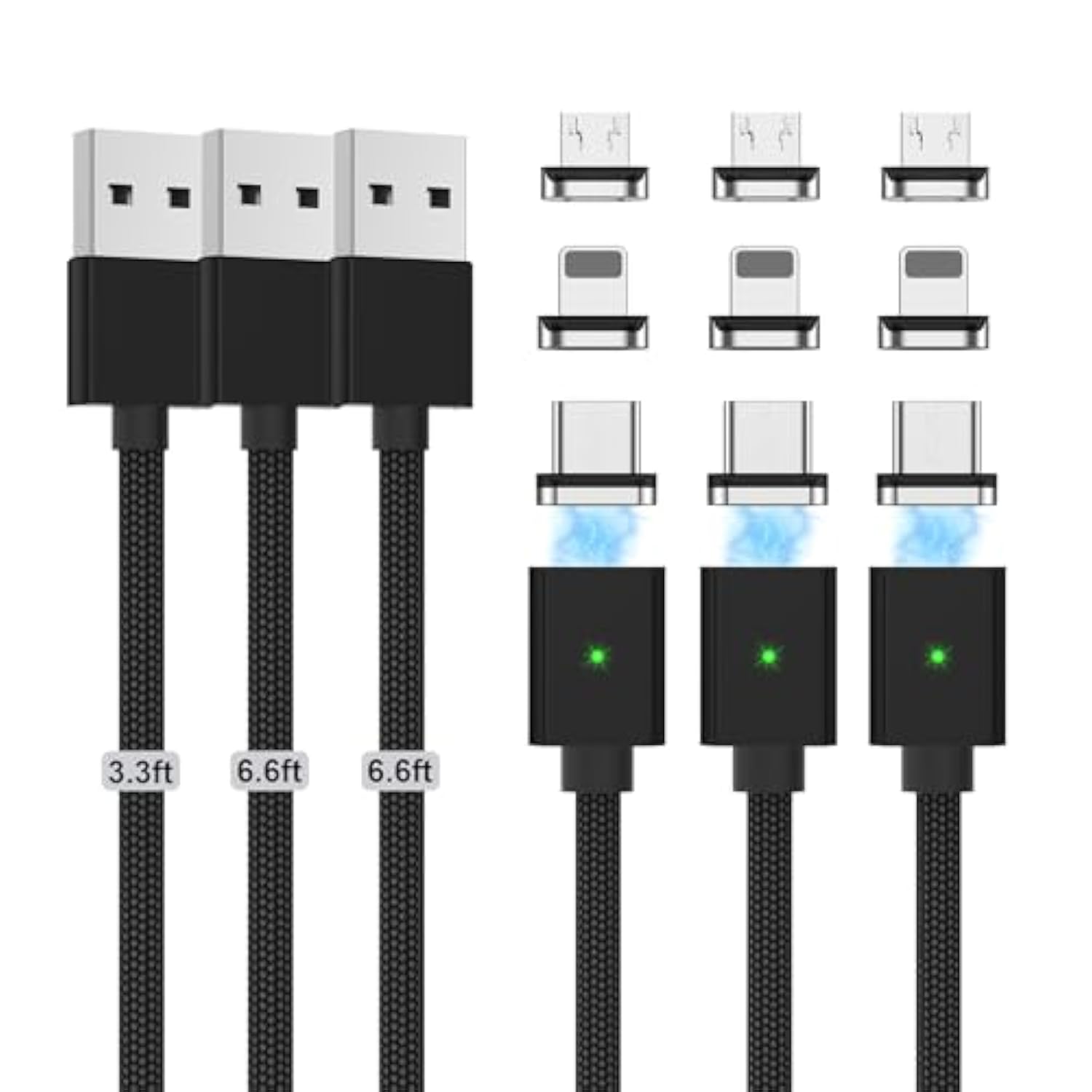 Magnetic Charging Cable 3A Fast Charging(3 Pack,3.3/6.6/6.6Ft) 3 In 1 Magnetic Phone Charger With Led Light, Nylon Braided, For Usb-C/Micro-Usb Device - Black