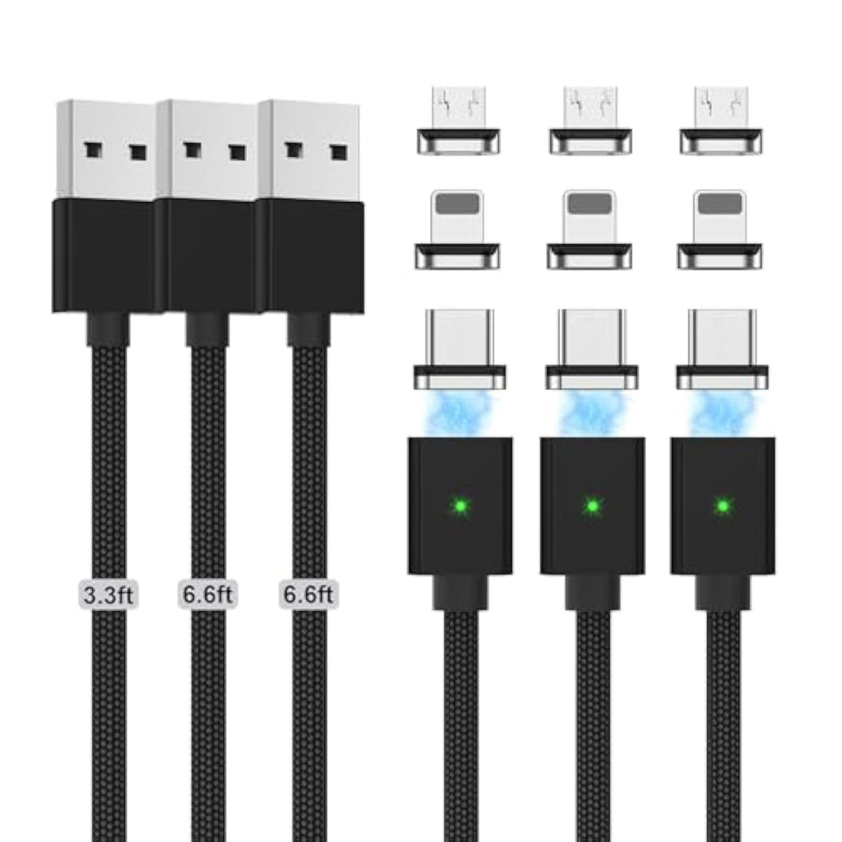 Magnetic Charging Cable 3A Fast Charging(3 Pack,3.3/6.6/6.6Ft) 3 In 1 Magnetic Phone Charger With Led Light, Nylon Braided, For Usb-C/Micro-Usb Device - Black