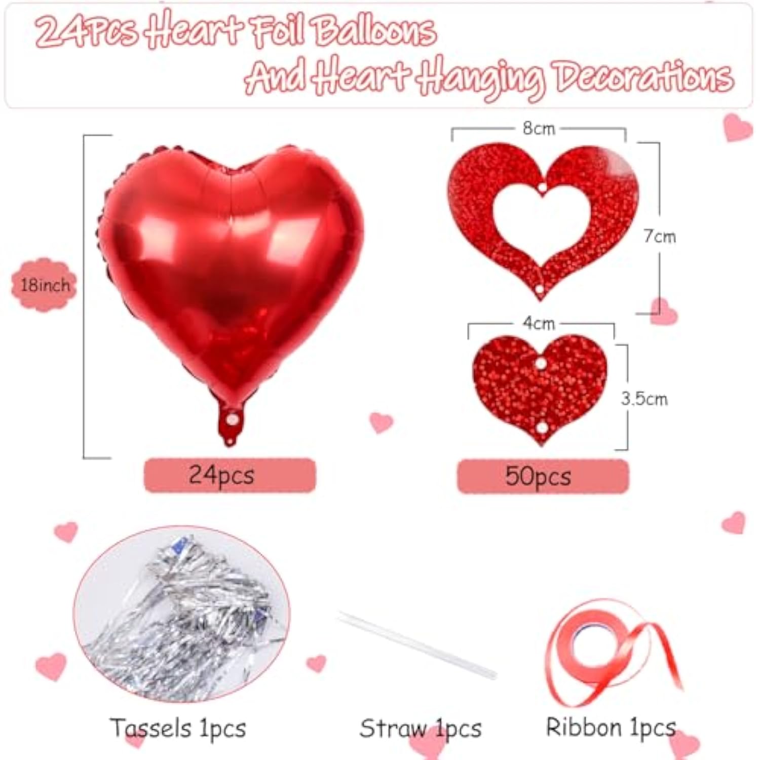 Red Heart Balloons, 24Pcs 18Inch Red Foil Heart Shaped Love Balloons And 50Pcs Heart Hanging Streamer For Valentines Day Decorations, Birthday, Proposal, Wedding Party