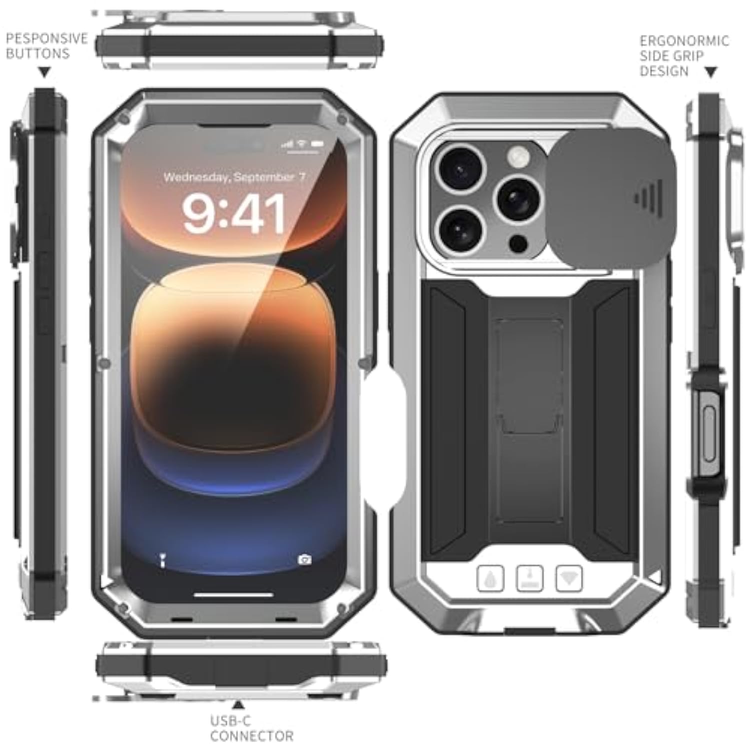 Rugged Metal Case For Iphone 16 Pro Max With Screen Protector, Kickstand, Camera Slide Cover, Full Body Cover, Military Grade Armor, Shockproof, Drop Tested, Outdoor (Silver)