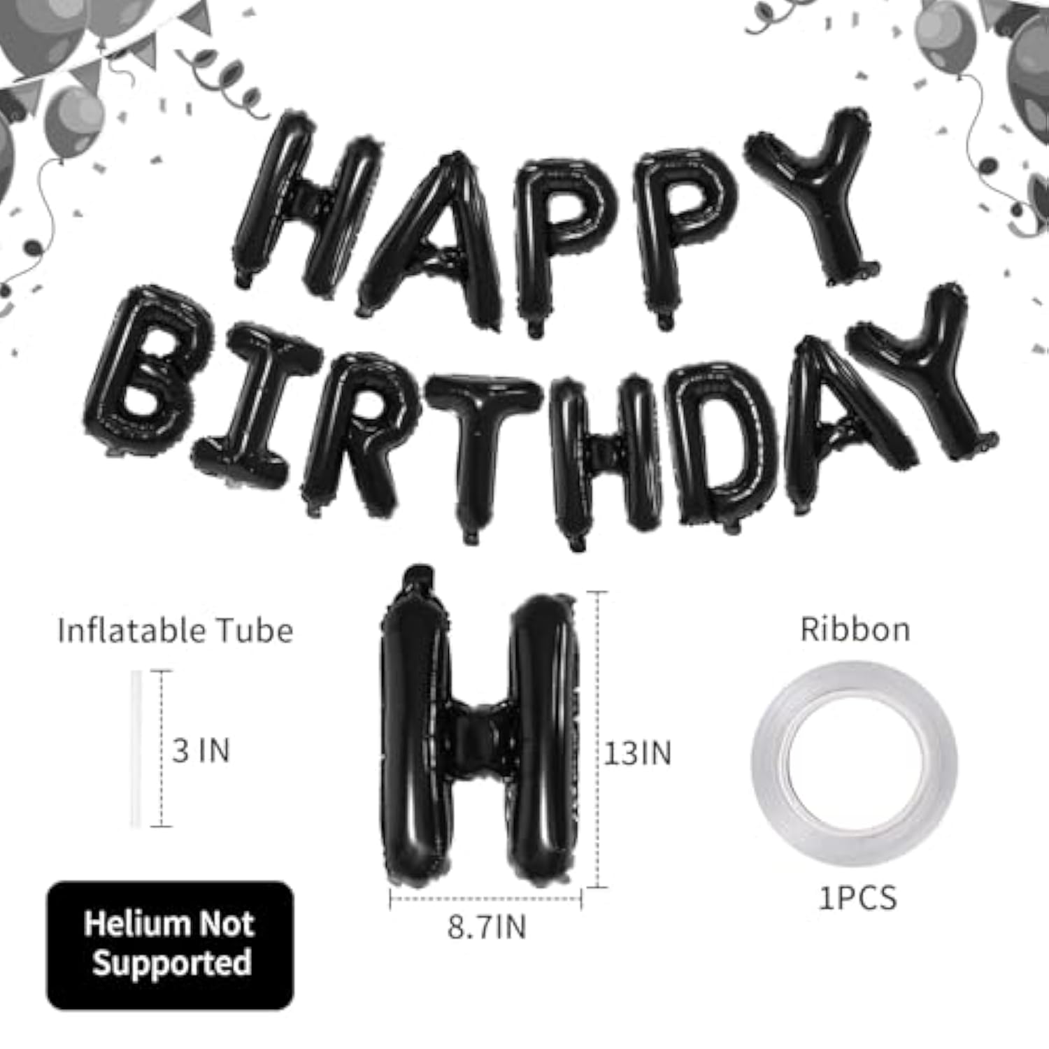 Black Happy Birthday Balloon Banner 16inch Foil Party Decor