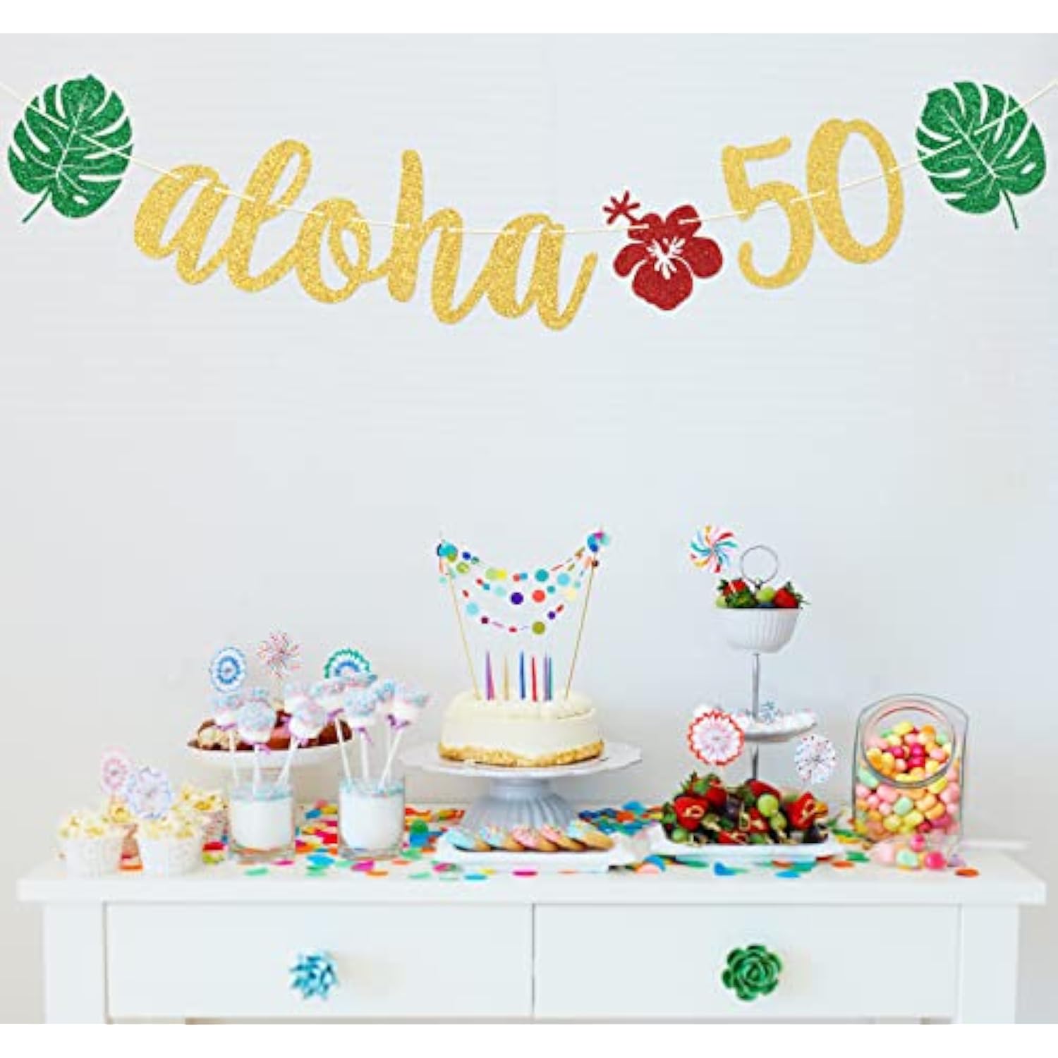 Aloha 50 Banner, Hawaiian 50Th Birthday Decorations, Aloha Party Decorations, Tropical Luau Birthday Party Decorations, Palm Leaf Decorations Gold Green Glitter