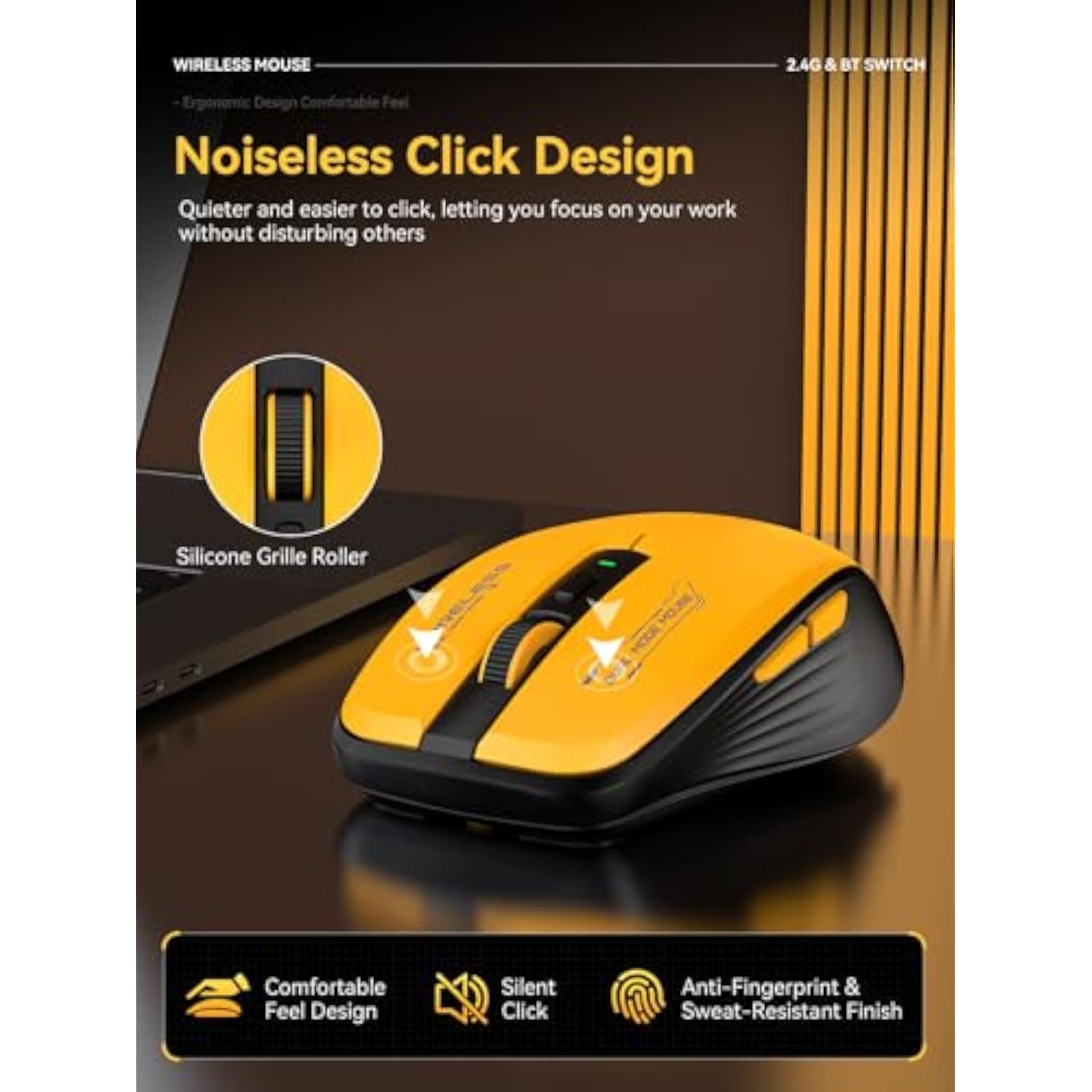 Bluetooth Mouse, Bluetooth 5.1 + 2.4Ghz Usb + Usb-C Dongle, Wireless Mouse Tri-Mode, With Forward/Backward Side Keys, Silent Click, Side Buttons, Portable For Laptop, Mac, Ipad (Yellow Black)
