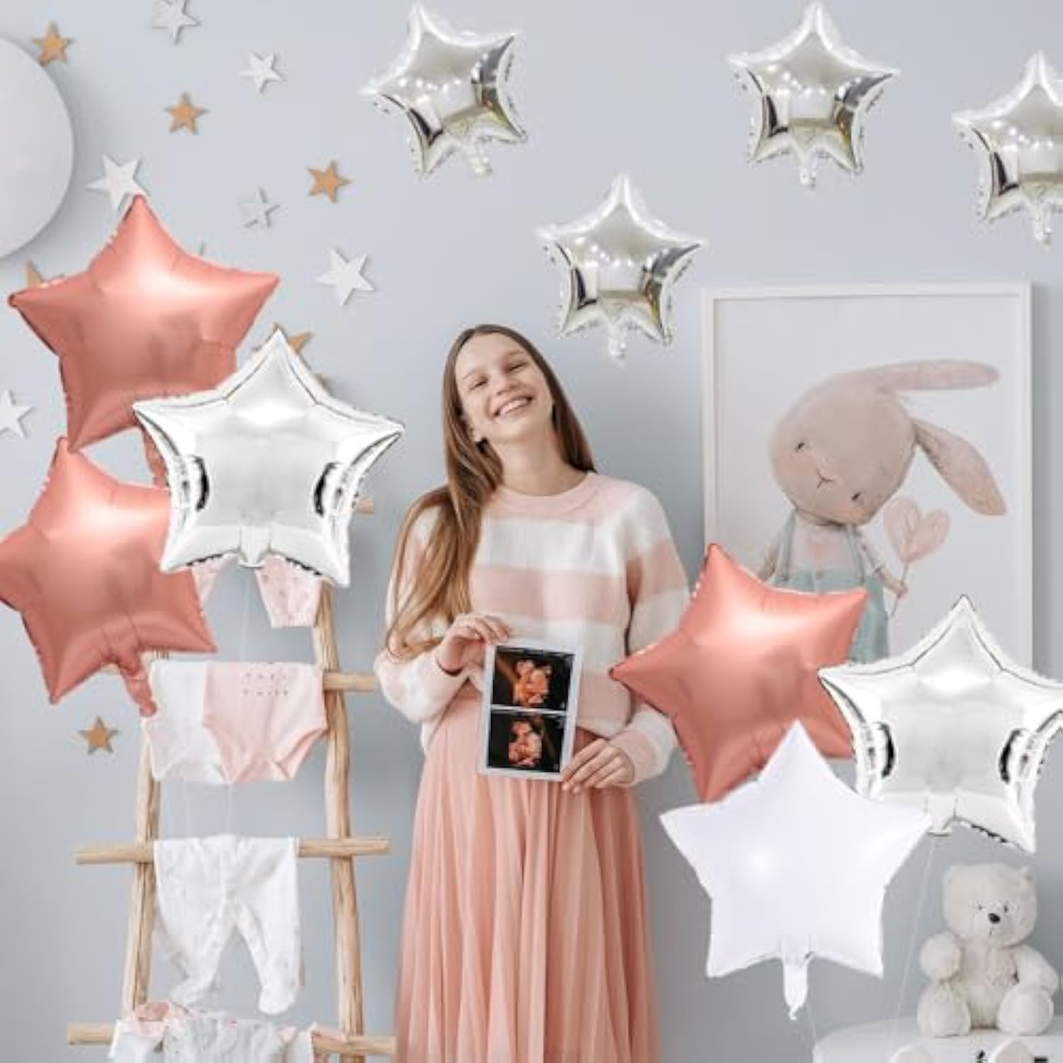 Rose Gold Star Foil Balloons, 15Pcs 18Inch White Silver Rose Gold Ball