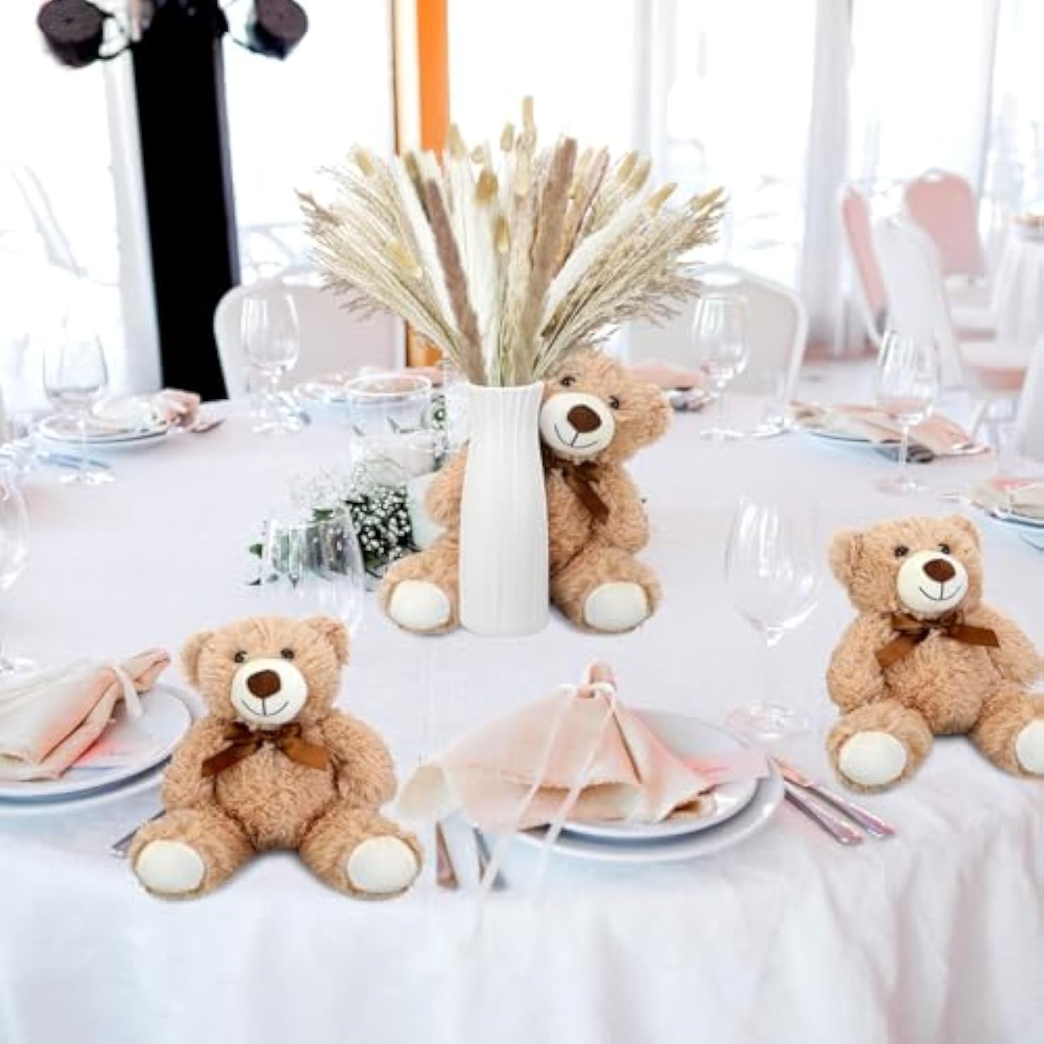 6 Sets 123 Pcs Baby Shower Table Centerpieces Dried Pampas Decor Bear Stuffed Ceramic Look Plastic Vase With Bow For Boho Wedding Bridal Shower Flowers Table Decorations(Blue,Boy)