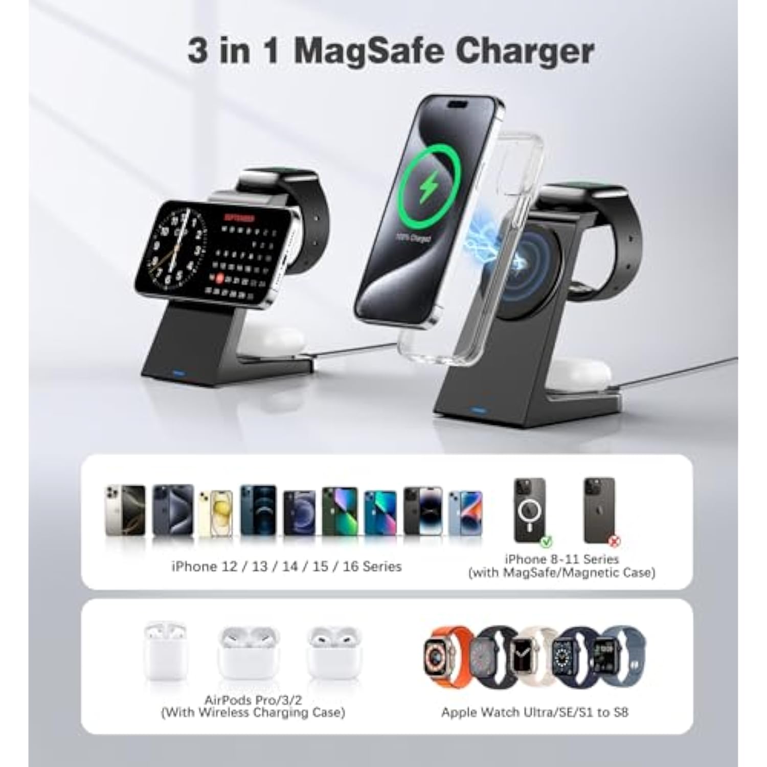 3 In 1 Magnetic Wireless Charging Station Apple 20W Mag-Safe Charger Stand Magnetic Wireless Charger For Iphone 16 15 14 13 12 Pro/Pro Max/Plus/Mini Airpods 2/3/Pro Iwatch Ultra/8/7/Se/6/5/4/3/2