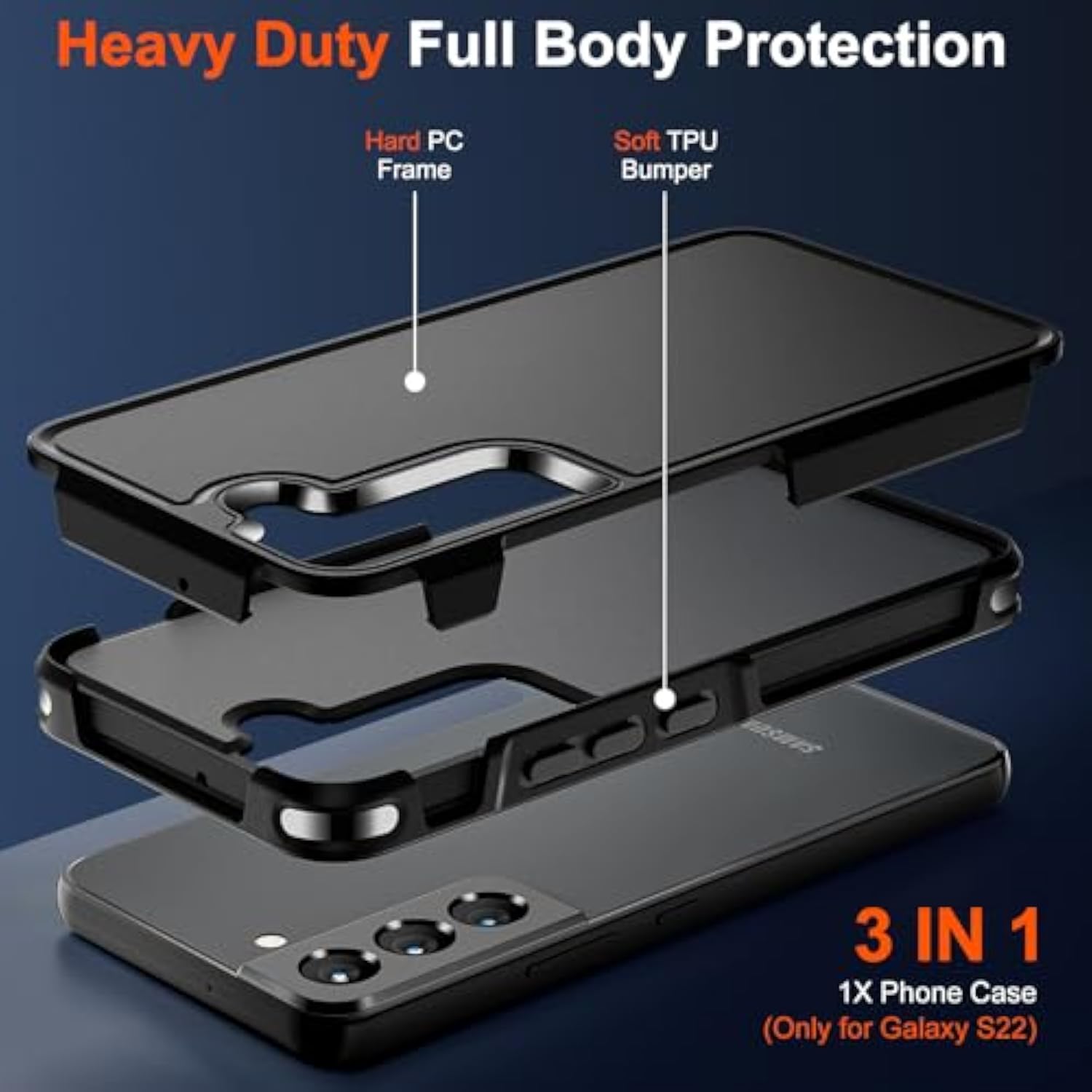 Designed For Samsung Galaxy S22 Case,12 Ft Military Grade Drop Protection,Dual Layer Heavy Duty Protective Cover Shockproof With Non-Slip Phone Case For Galaxy S22 6.1 Inch,Black