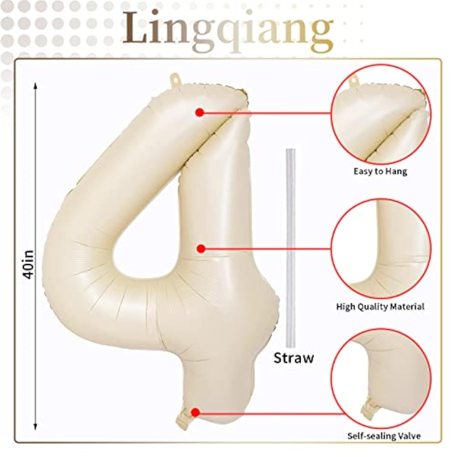 Cream 4 Balloons, 40 Inch Large Beige Foil Number Balloons Set 0-9, Self Inflating White Sand Digital 4 Helium Balloon For Boys Girls Women Birthday Anniversary Party Decorations Photo Shoot Supplies
