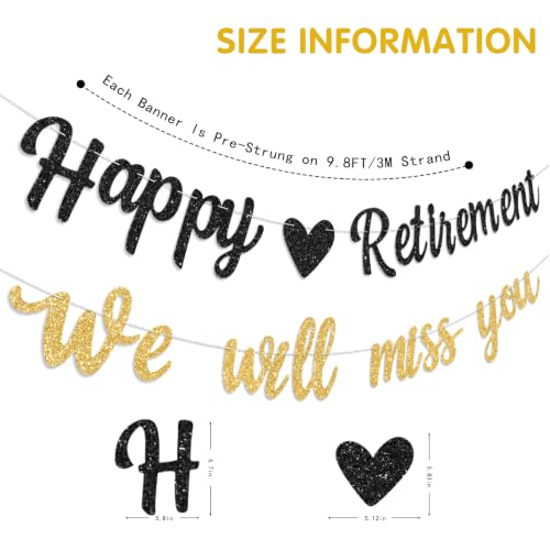 Black Gold Happy Retirement Banner&We Will Miss You Banner Pre Strung Glitter Retirement Party Decorations Retired Sign for Coworker Going Away Farewell Party Supplies Men Women