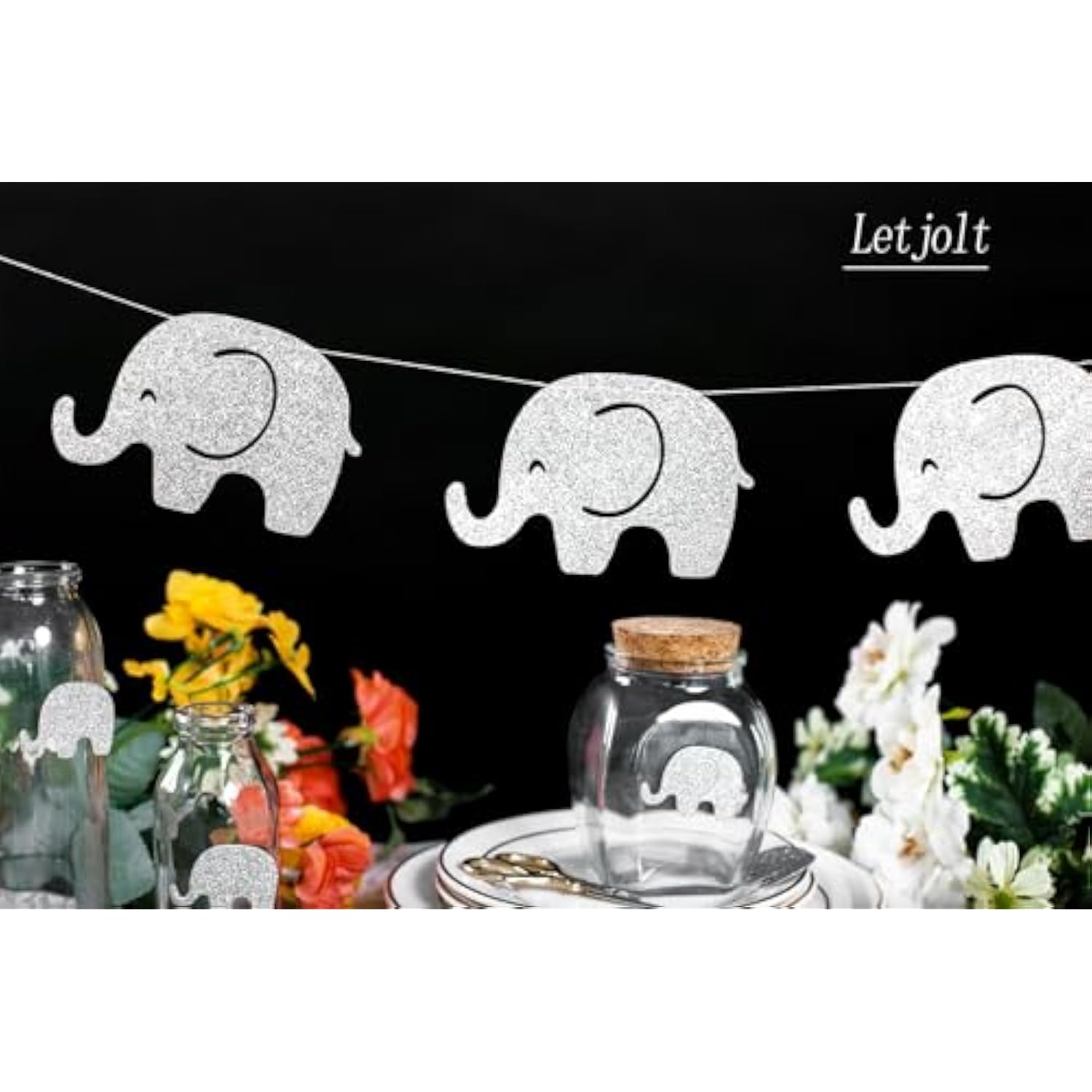 Baby Shower Garland Decorations Elephant Banner Glitter Silvery Supplies Pre - Strung Baby Elephant Decorations Birthday Party Supplies Baby Nursery Decorations 10 Feet 17 Pcs