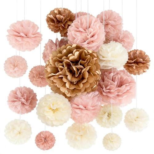 18 Packs Birthday Party Decorations Set- Blush Pink Tissue Paper Pom Poms Flower Wall Decorations for Women Girls Happy Birthday , Baby Shower, Bridal Shower, Wedding , Party Decoration (Blush Pink)