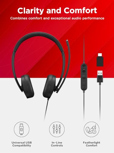 115 USB-A/USB-C Wired Stereo Headset Lightweight, Noise-Cancelling, in-Line Control Box, USB-A to USB-C Adapter, Over-Ear Design, Headset with Mic