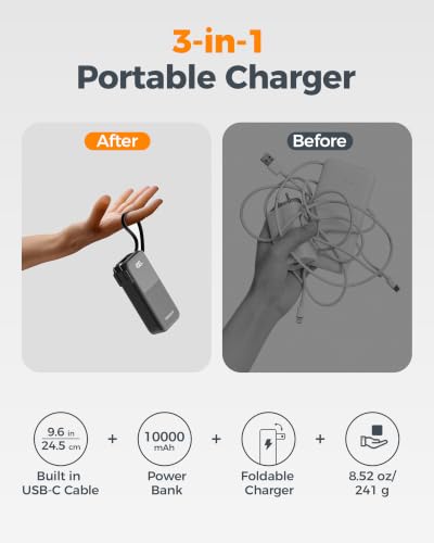 Portable Charger Power Bank 10000mAh, 30W USB C Battery Pack Built in USB C Cable with Foldable Wall Plug, 3 in 1 Portable Phone Charger Compatible