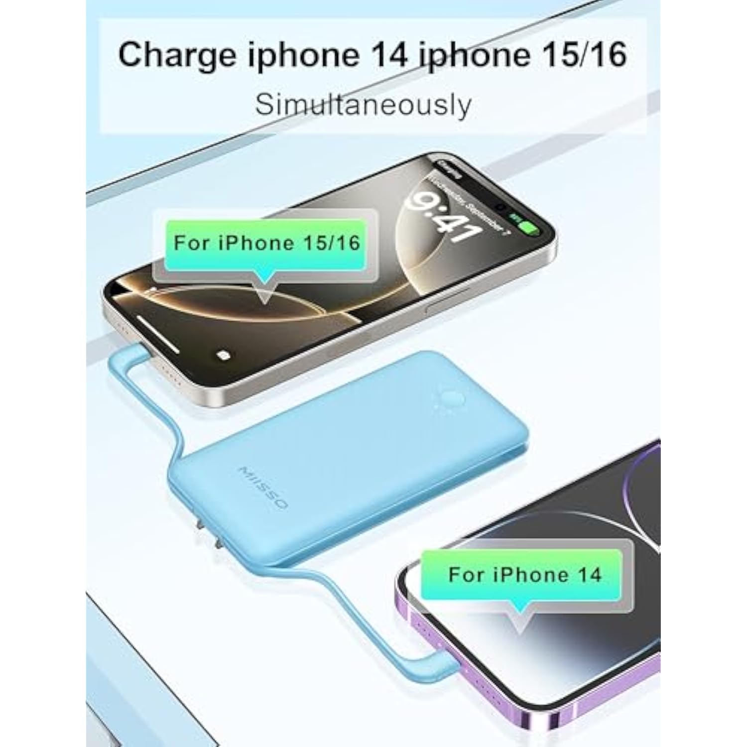 Ultra Slim 10000Mah Power Bank Built-In Cables And Foldable Ac Wall Plug, Pocket Size Usb C Portable Charger, External Battery Pack Compatible With Iphone Samsung Ipad Etc, Blue