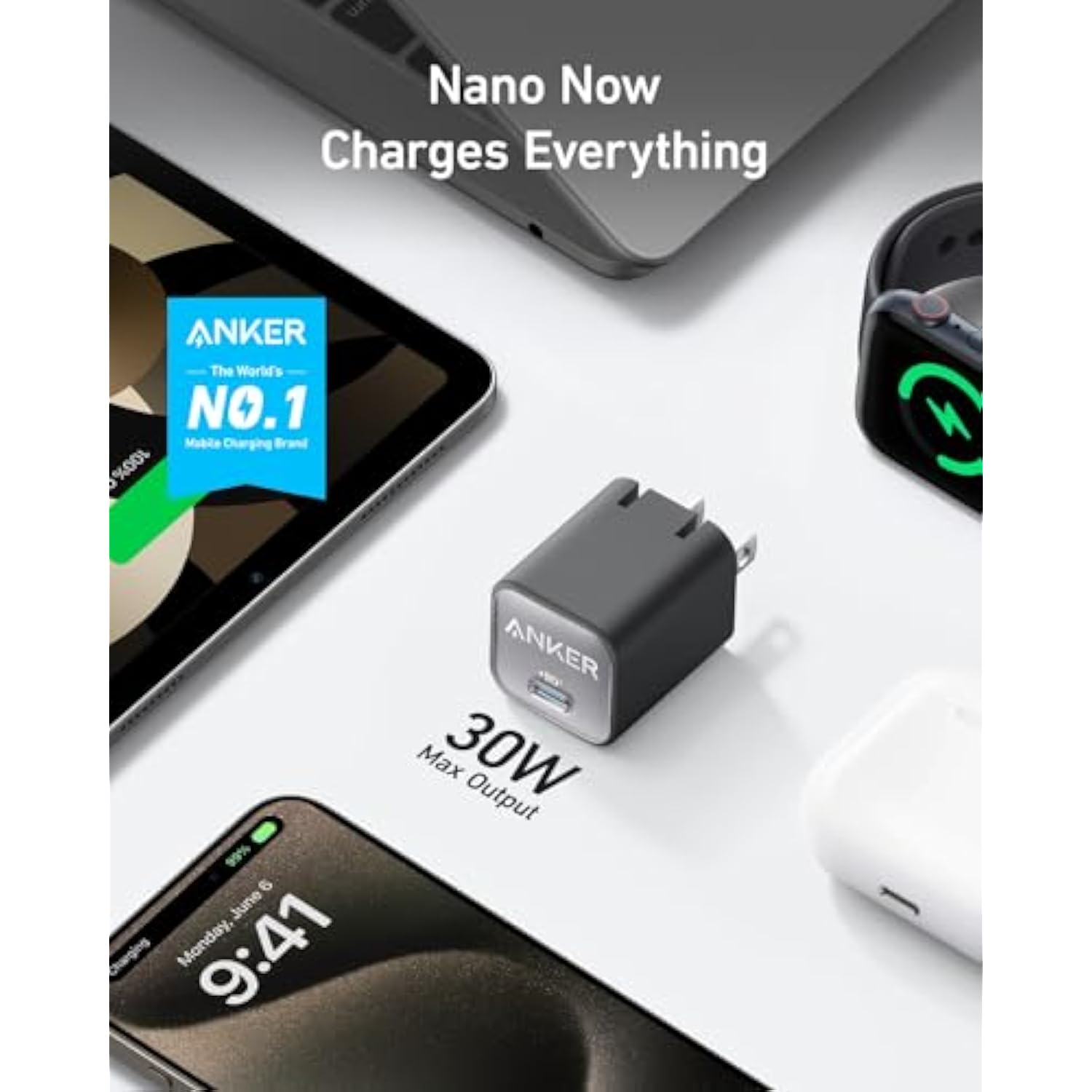 Anker Nano USB C Charger Block, 30W PIQ 3.0 Foldable iPhone Charger Fast Charging for iPhone 16/15 Series, Galaxy, iPad, Compatible with MagSafe