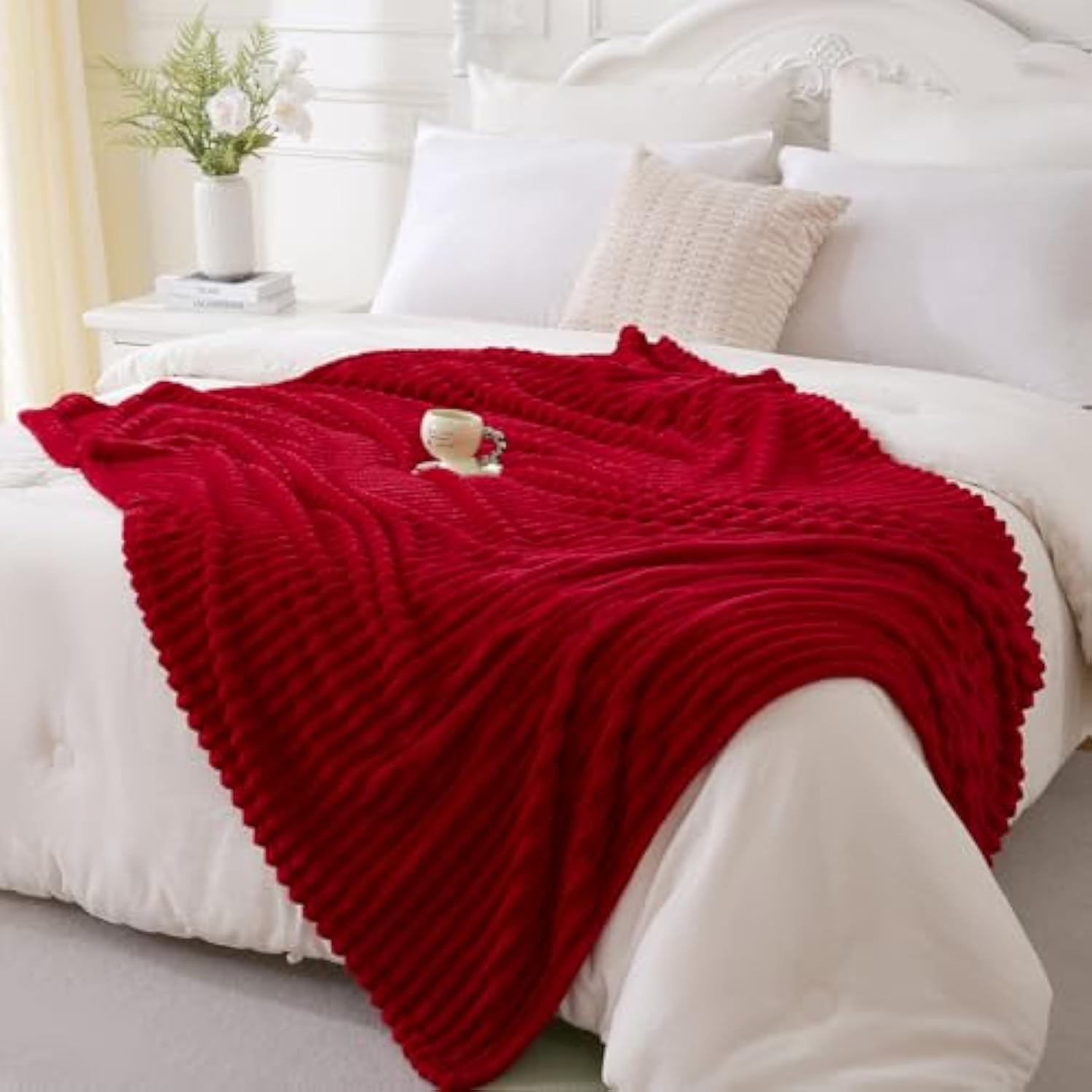 Valentines Day Decorations Red Fleece Throw Blanket 50”×60” For Couch Sofa Bed,Super Soft Cozy Plush Microfiber Flannel Blanket With Stripes Design Lightweight For Adults,Woman,Girls Gifts