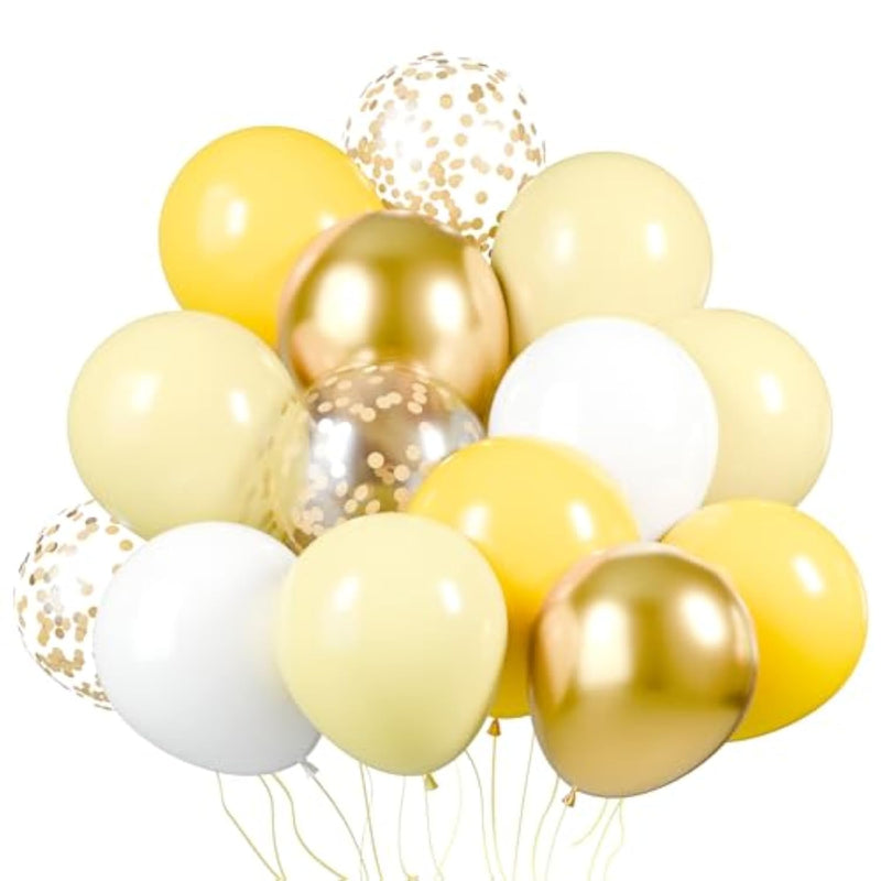 Yellow White Gold Confetti Balloons - 60 Pack 12 Inch Pastel Yellow Latex Party Balloon For Sunflower Honeybee Theme, Birthday, Baby Shower, Wedding Decorations