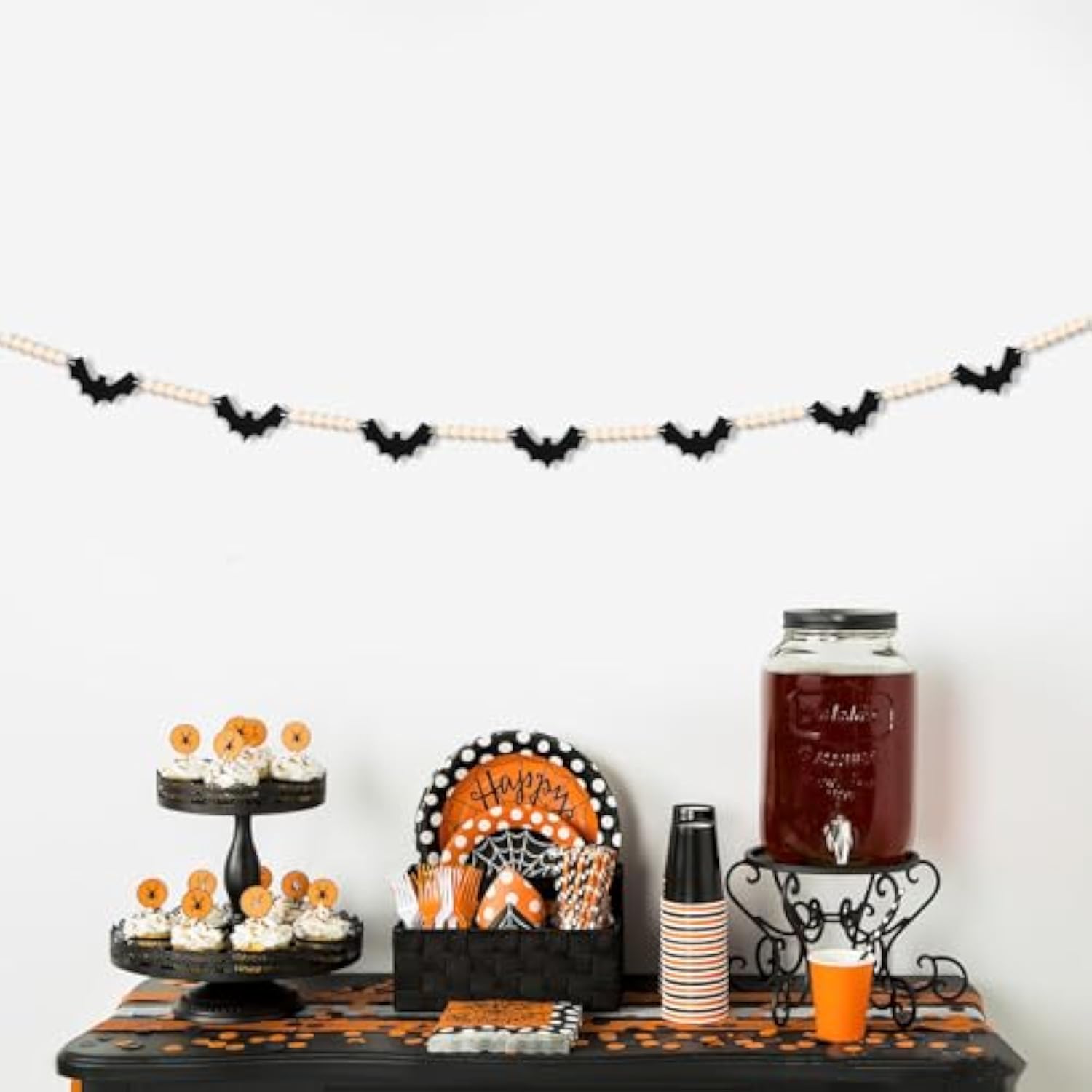 Happy Halloween Garland Banner Black Felt Bats with Wood Beads for Party Decor