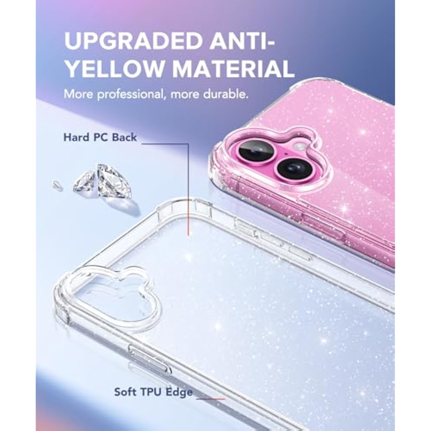 Compatible With 16 Plus Case Glitter, With 9H Tempered Screen Protector + Camera Lens Protector, [Non-Yellowing] Clear Sparkle Shockproof Hard Phone Case For Women 6.7", Shiny Clear