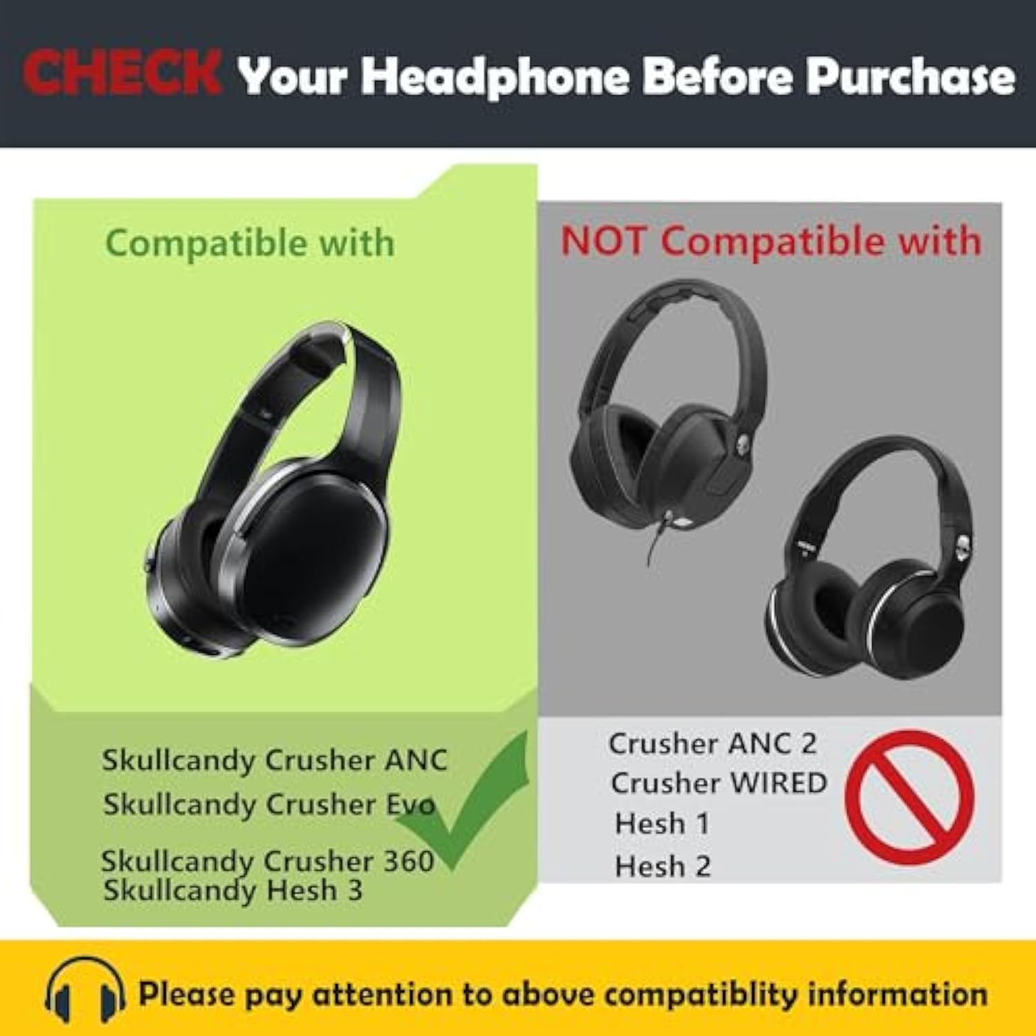 Crusher Anc Earpads And Headband Replacement For Skullcandy Crusher Wireless Crusher Anc/Crusher Evo/Crusher 360/Hesh 3 Headphones Ear Pads With Protein Leather