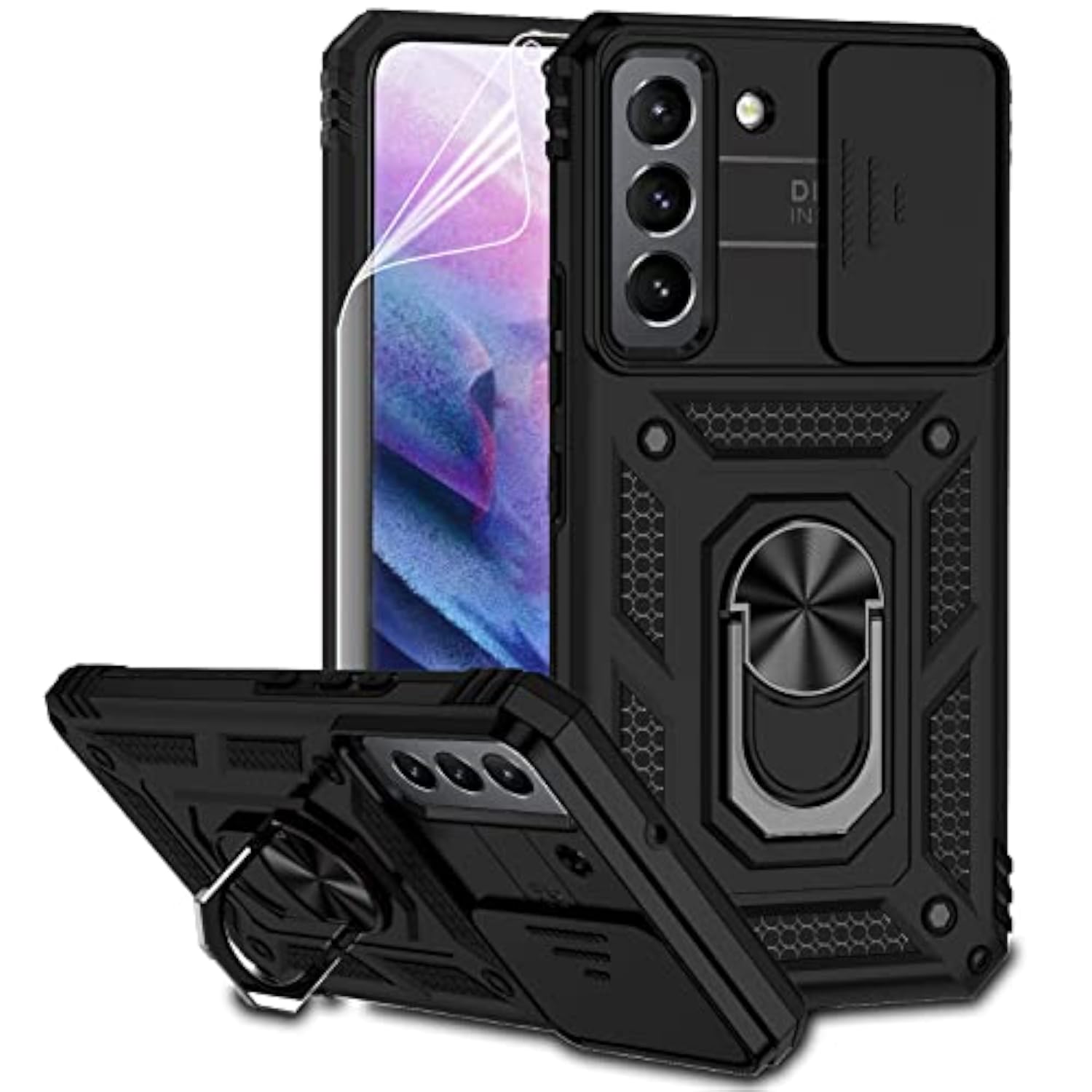 Samsung Galaxy S22 5G Case with Camera Lens Cover HD Screen Protector, Dual Layer Military-Grade Drop Tested Magnetic Ring Holder Kickstand Protective Phone Case for Samsung Galaxy S22 5G (Black)
