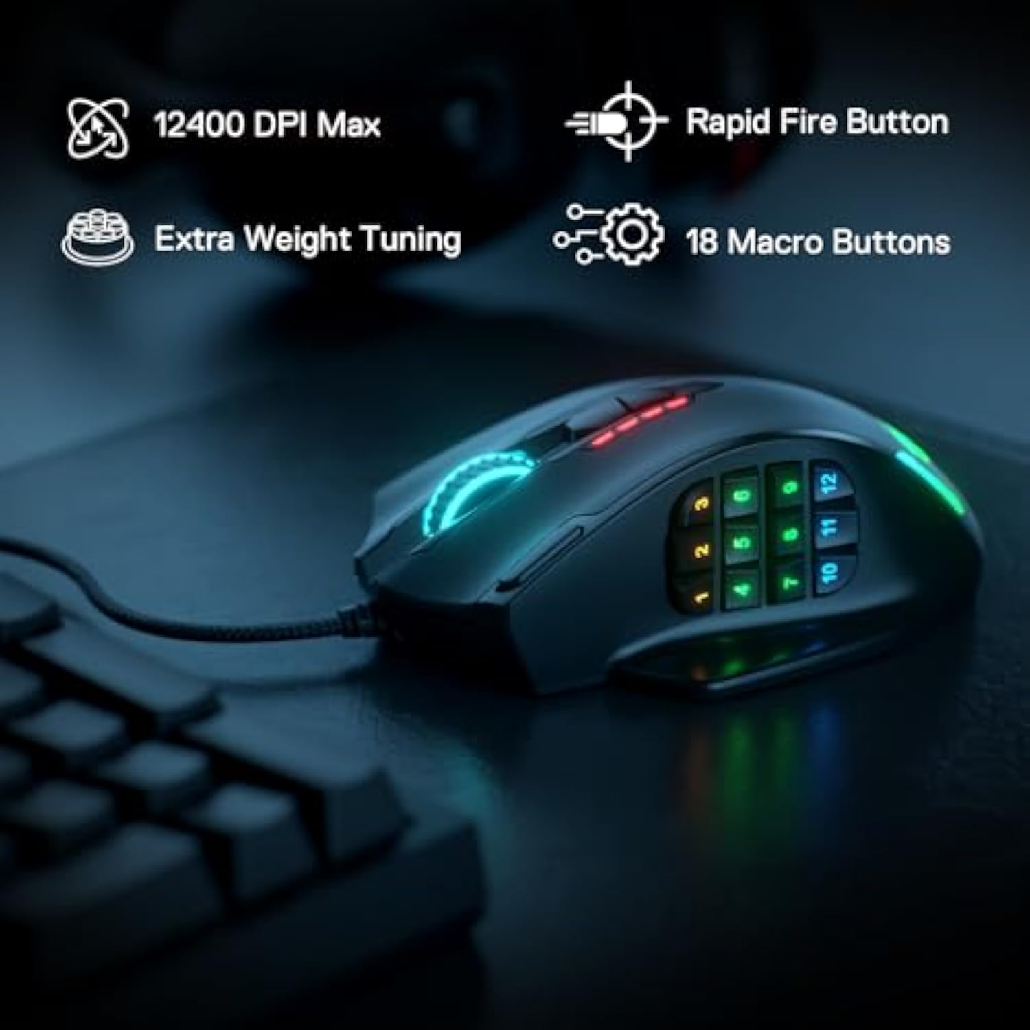 Redragon M908 Impact RGB LED MMO Gaming Mouse with 12 Side Buttons, Optical Wired Ergonomic Mouse with Max 12,400DPI, High Precision, 18 Programmable Macro Shortcuts, Comfort Grip