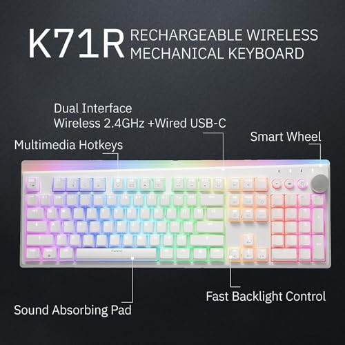 Irocks K71R Wireless Rgb Mechanical Gaming Keyboard, Switches Brown, Pbt 107 Keys Nkro, Rgb Backlit, Dual Wireless/Wired, Compatible With Windows, For Mac, Pc And Laptop, White (Red Switch)