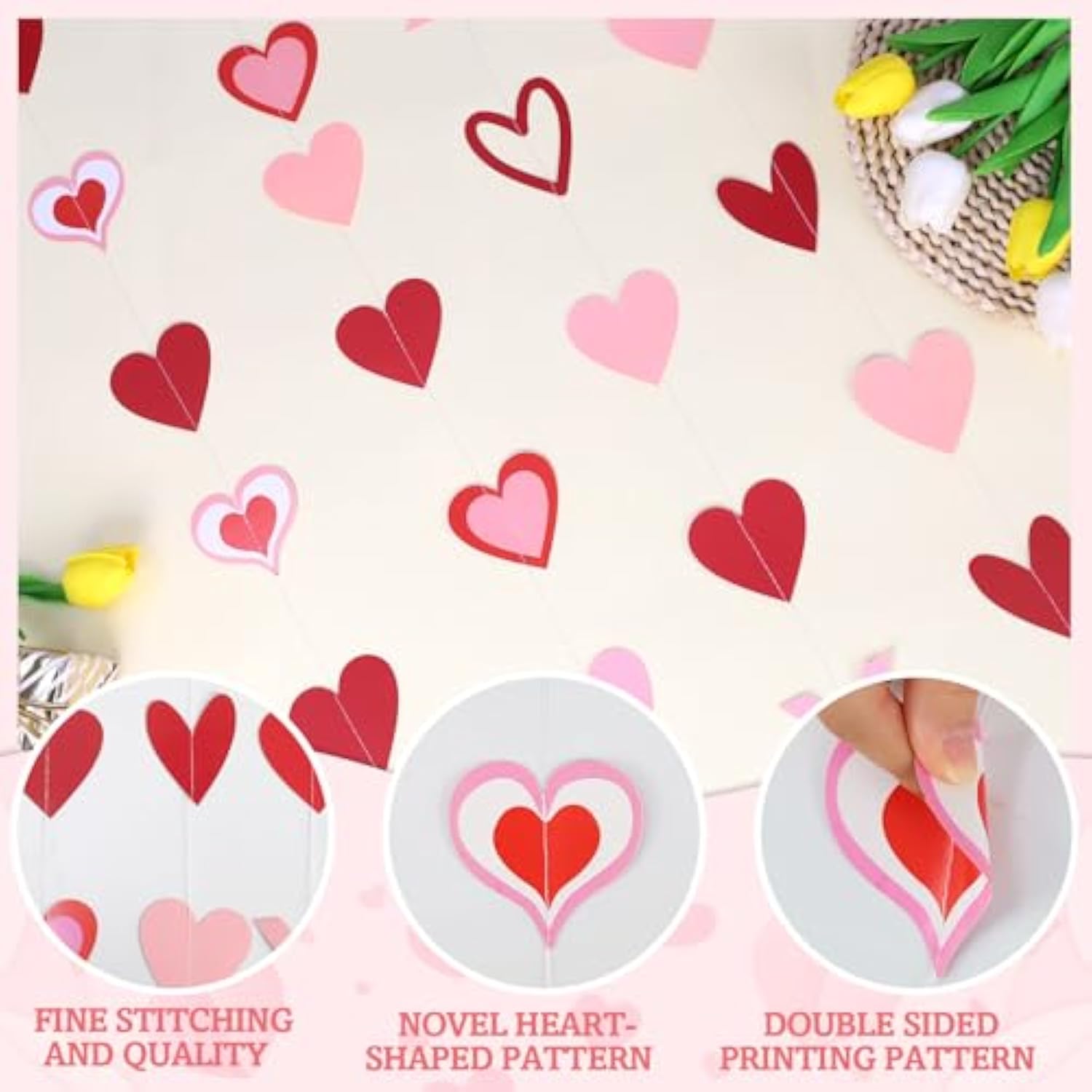 8Pcs Heart Garland Red & Pink, Valentines Day Decorations, Valentine'S Day Garlands Valentines Hanging Heart Garland Decorations For Wedding, Engagement, And Home Decor Happy Valentines Day Decoration
