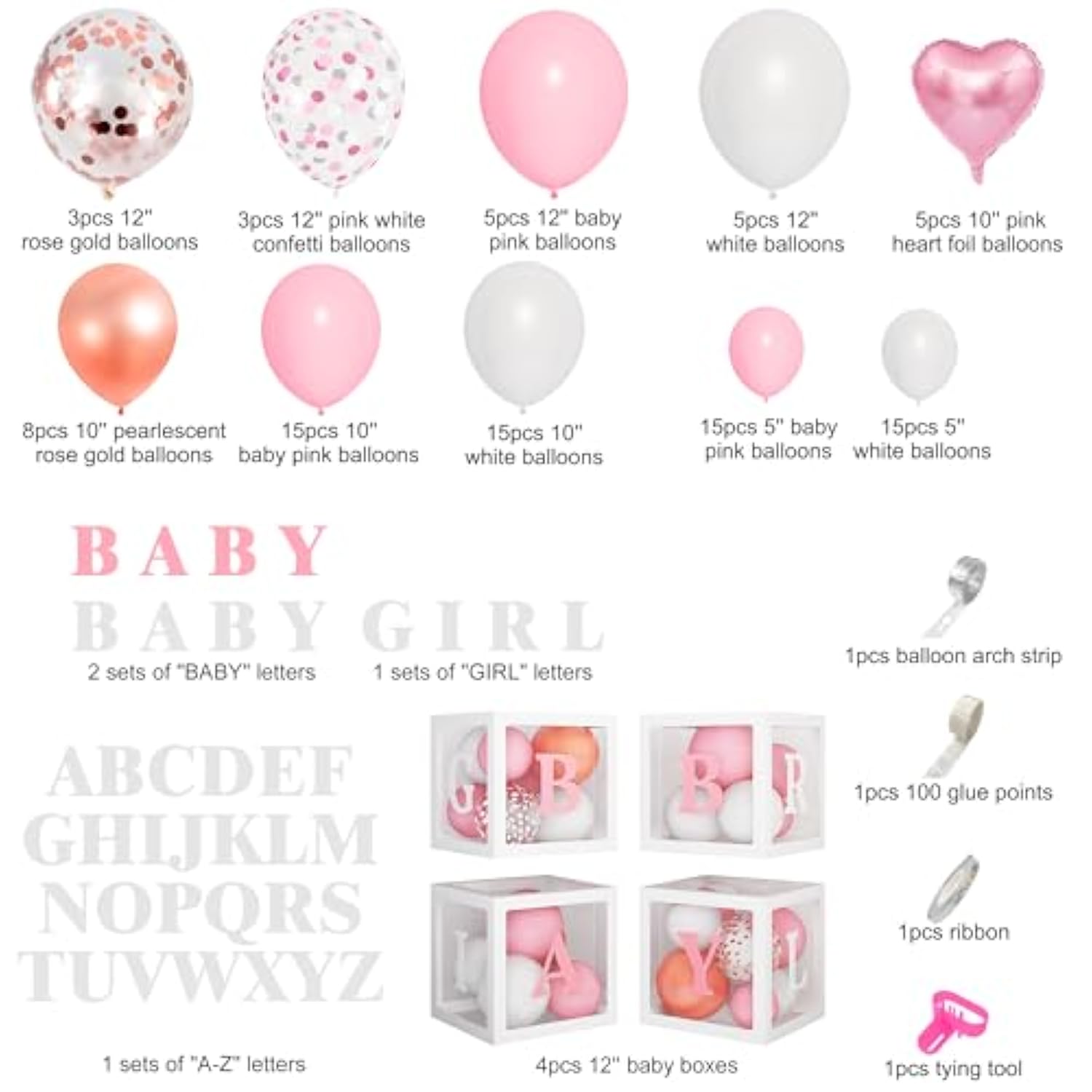 135pcs Pink Baby Shower Decor, Rose Gold Balloon Garland & Baby Boxes with Letters