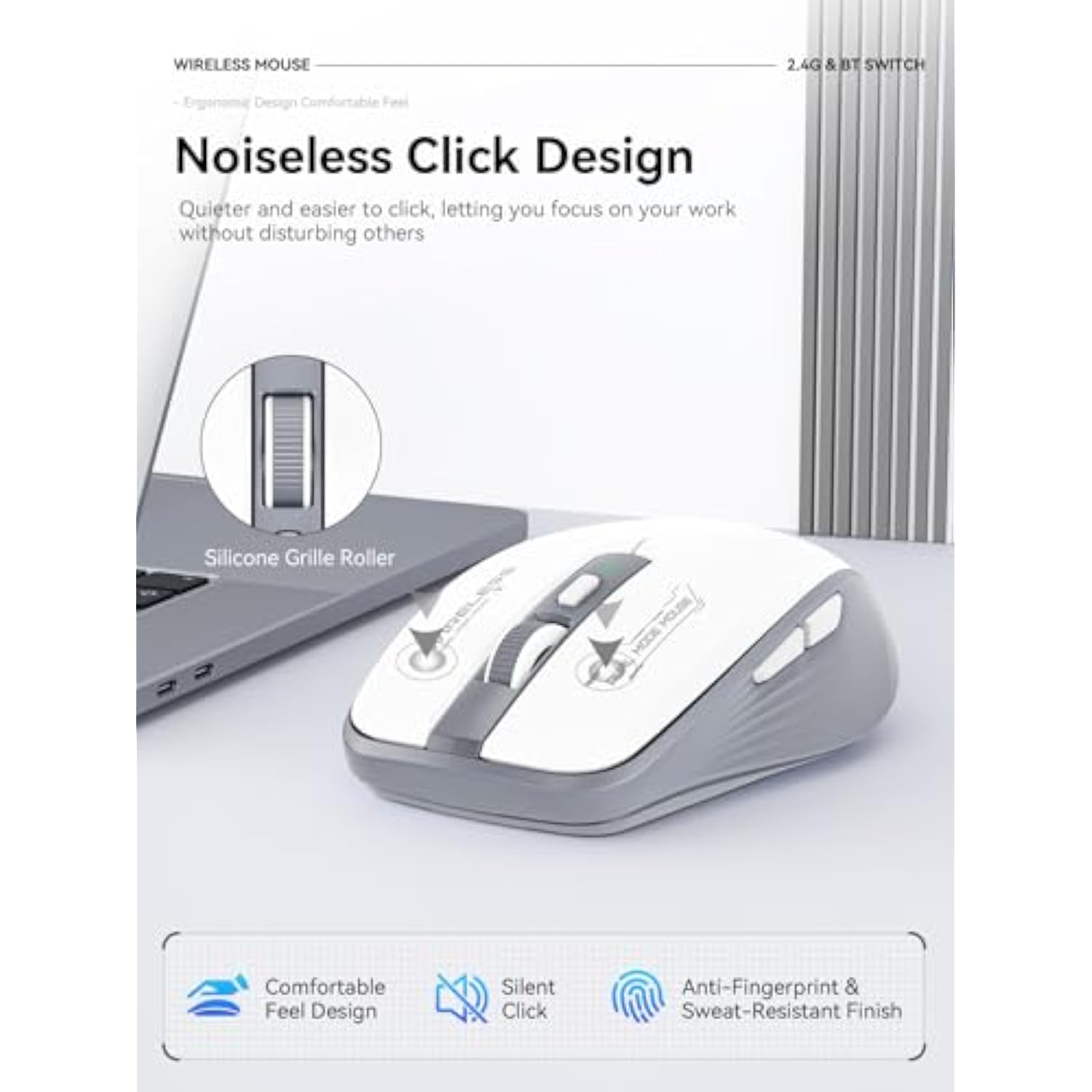 Bluetooth Mouse, Bluetooth 5.1 + 2.4Ghz Usb + Usb-C Dongle, Wireless Mouse Tri-Mode, With Forward/Backward Side Keys, Silent Click, Side Buttons, Portable For Laptop, Mac, Ipad (Gray White)