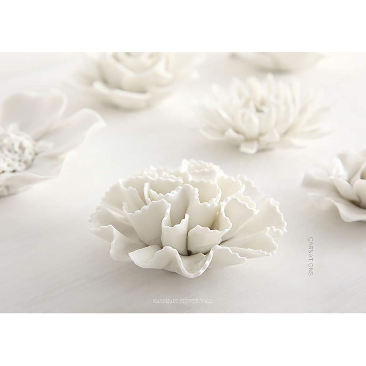 Ceramic Flower Wall Décor Artificial 3D Flower Wall Art For Living Room Home Hallway Bedroom Kitchen Farmhouse Bathroom Dining Room, White, F3, 3.93 Inch