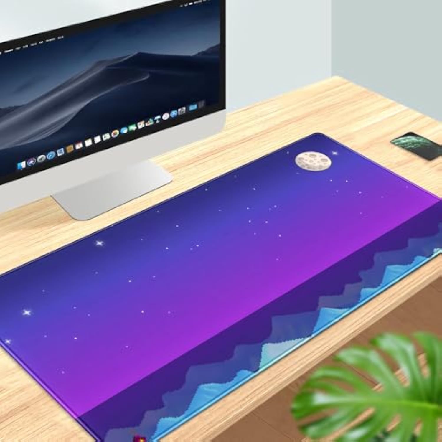 Purple Large Gaming Mouse Pad Extended Kawaii Cute Desk Mat Pad Anime Mousepad Xxl Stardew Valley Night Keyboard Pad Pixel Art Computer Laptop Mouse Mat Office Desktop Decor Pad 31.5X15.7 In