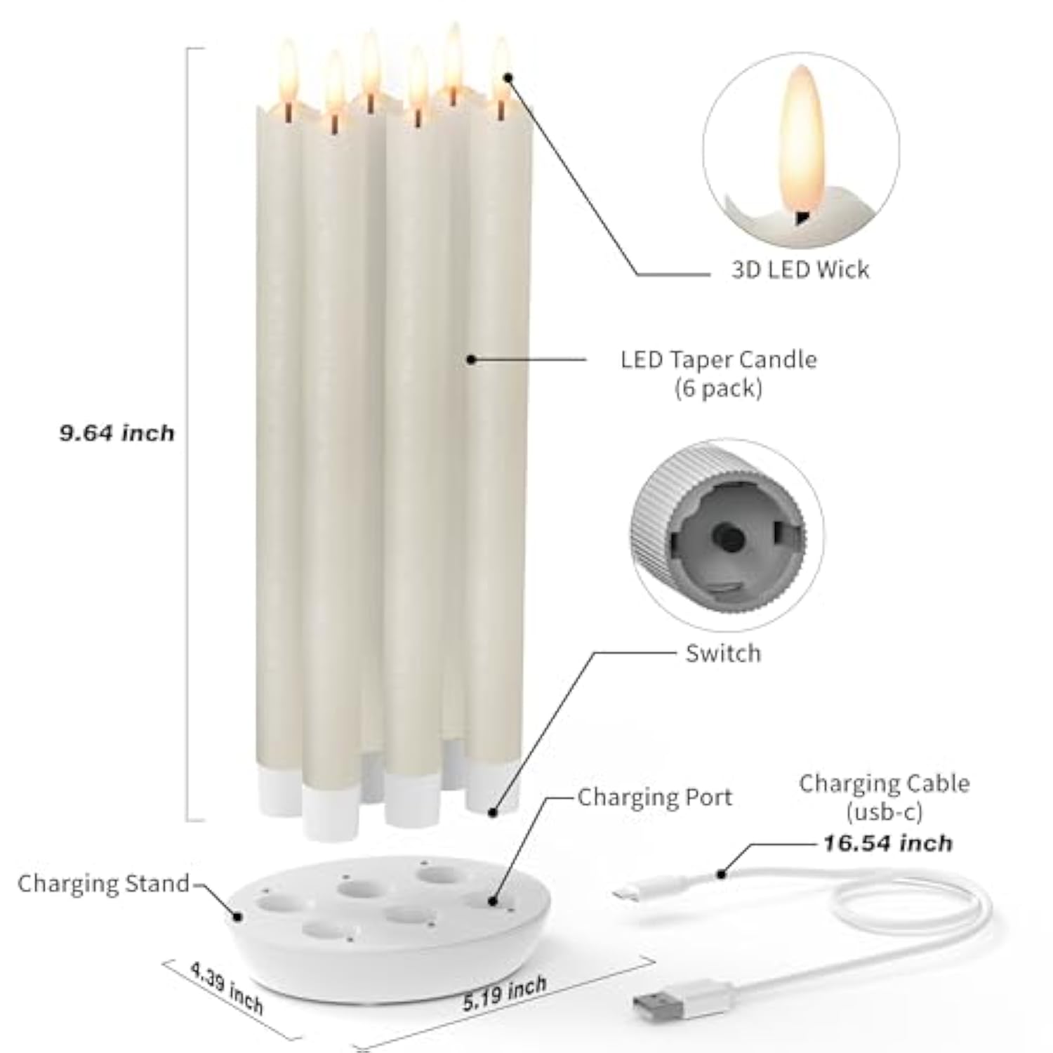 Rechargeable Flameless Taper Candles With Charging Station, 6 Pcs Real Wax Led Taper Candles Flickering With Remote&Timer, 3D Flame Battery Candlesticks For Home Wedding Christmas Decor (Ivory)