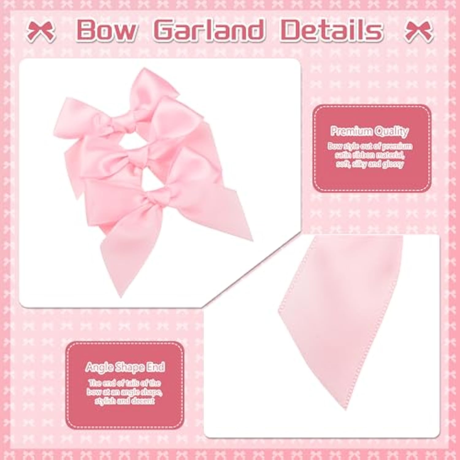 Pink Bow Garland, 8Pcs Satin Ribbon Bow Hanging Banners, Pink Bow Decor For Coquette Birthday Girls Bow Theme Birthday Party Baby Shower Bridal Shower Bachelorette Party Supplies