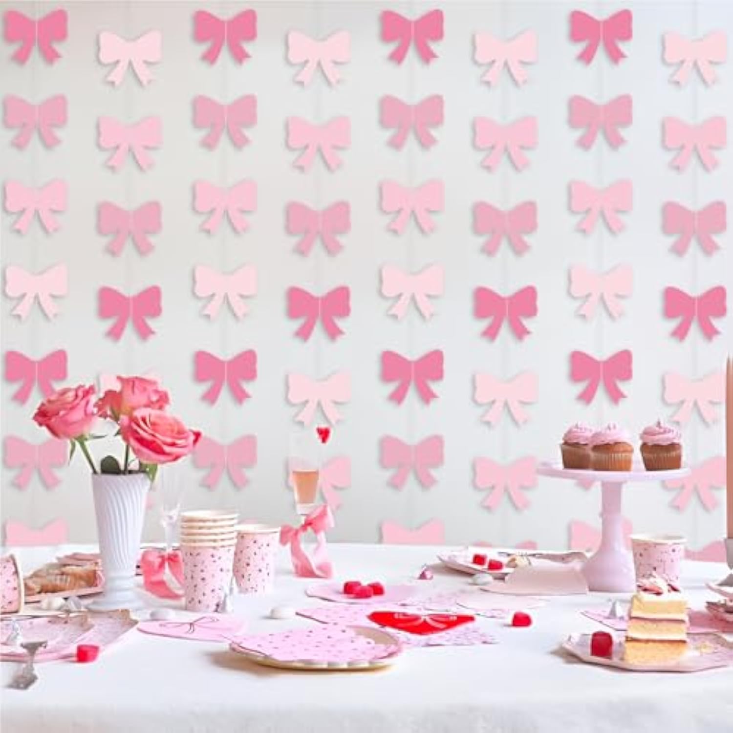 Pink Bow Party Hanging Banners & Birthday Party Supplies Decorations - Bow Paper Cutouts For Girl Baby Shower Bridal Shower Bachelorette Room Backdrop - 8 Pcs, 55 Inch, Hot To Light Pink Paper Banners