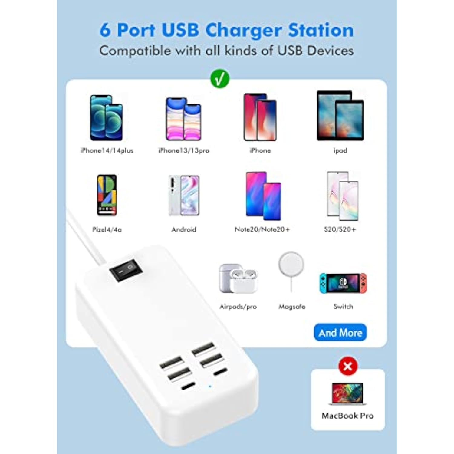 6 Port Usb Charger Station - Usb C Charging Hub For Multiple Devices, Iphone 14/13 Pro Max/13 Pro/13, Ipad Pro, Switch, Galaxy S21 (White)