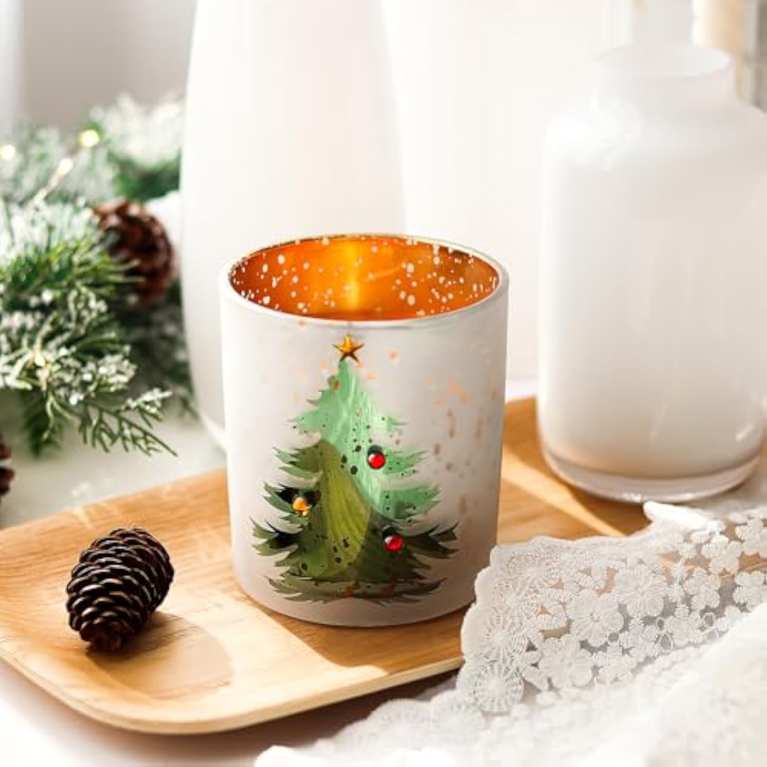 Christmas Candle 11Oz - Pine Fir Scented Candle With Xmas Tree Design, Indoor Christmas Winter Table Decorations, Ideal Gifts