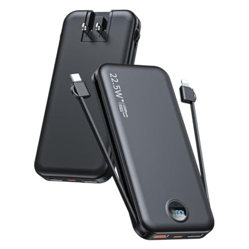 Portable Charger, 12000Mah 22.5W Type C Fast Charging Power Bank With Built-In Cables & Wall Plug, External Battery Bank With Led Display, Travel Essential Battery Pack For Iphone, Ipad, Samsung Black