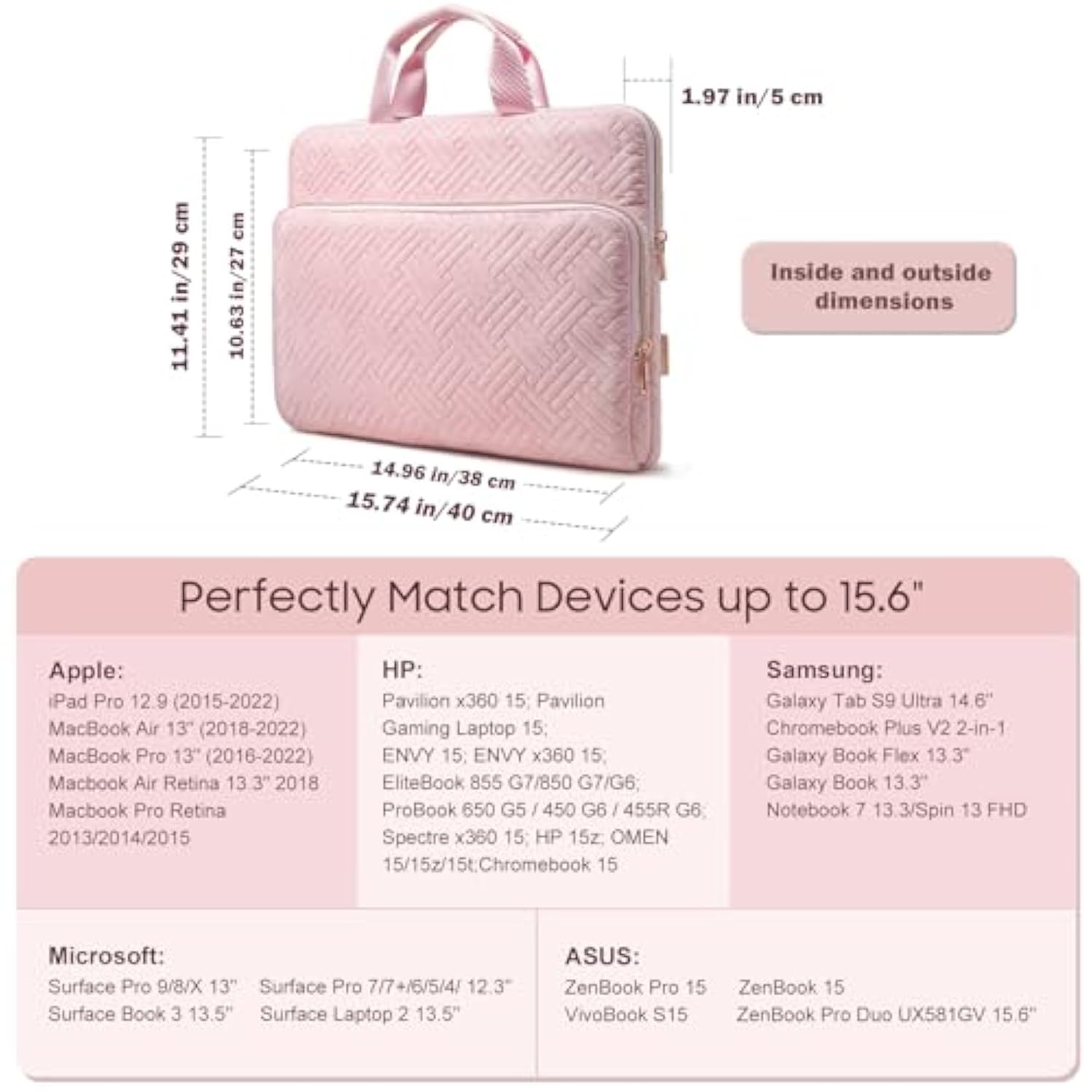 15.6 Inch Laptop Sleeve Compatible With Macbook Air Pro, 15.6 Inch Hp, Dell, Lenovo, Asus Notebook, Protective Laptop Carrying Case Bag With Handle, Pink