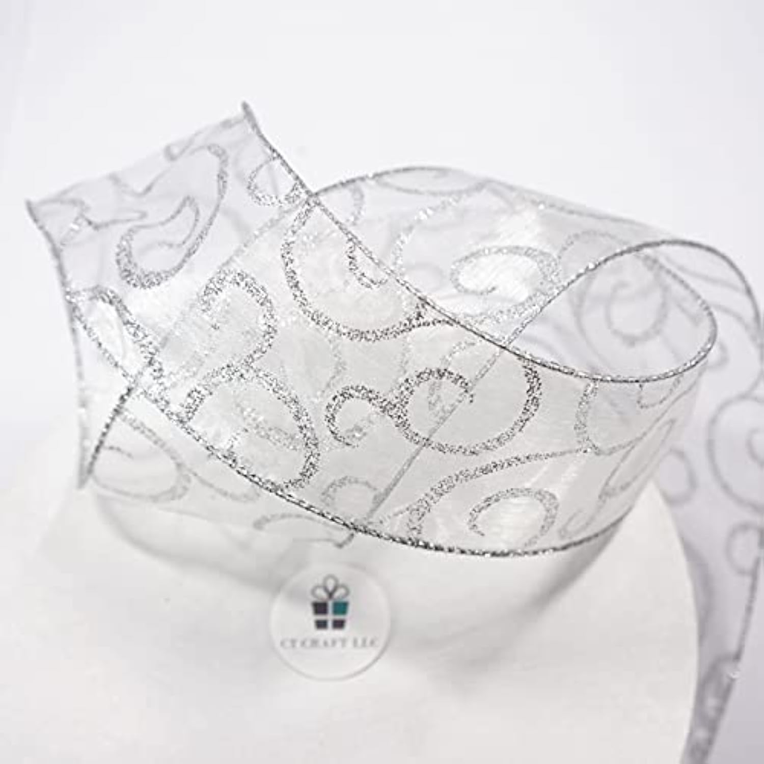 Organza With Silver Glitter Swirls Wired Ribbon 2.5 Inch X 50 Yards For Christmas Home Decor Tree Topper Bow Gift Wrapping Diy Crafts Wreath Garland Wedding