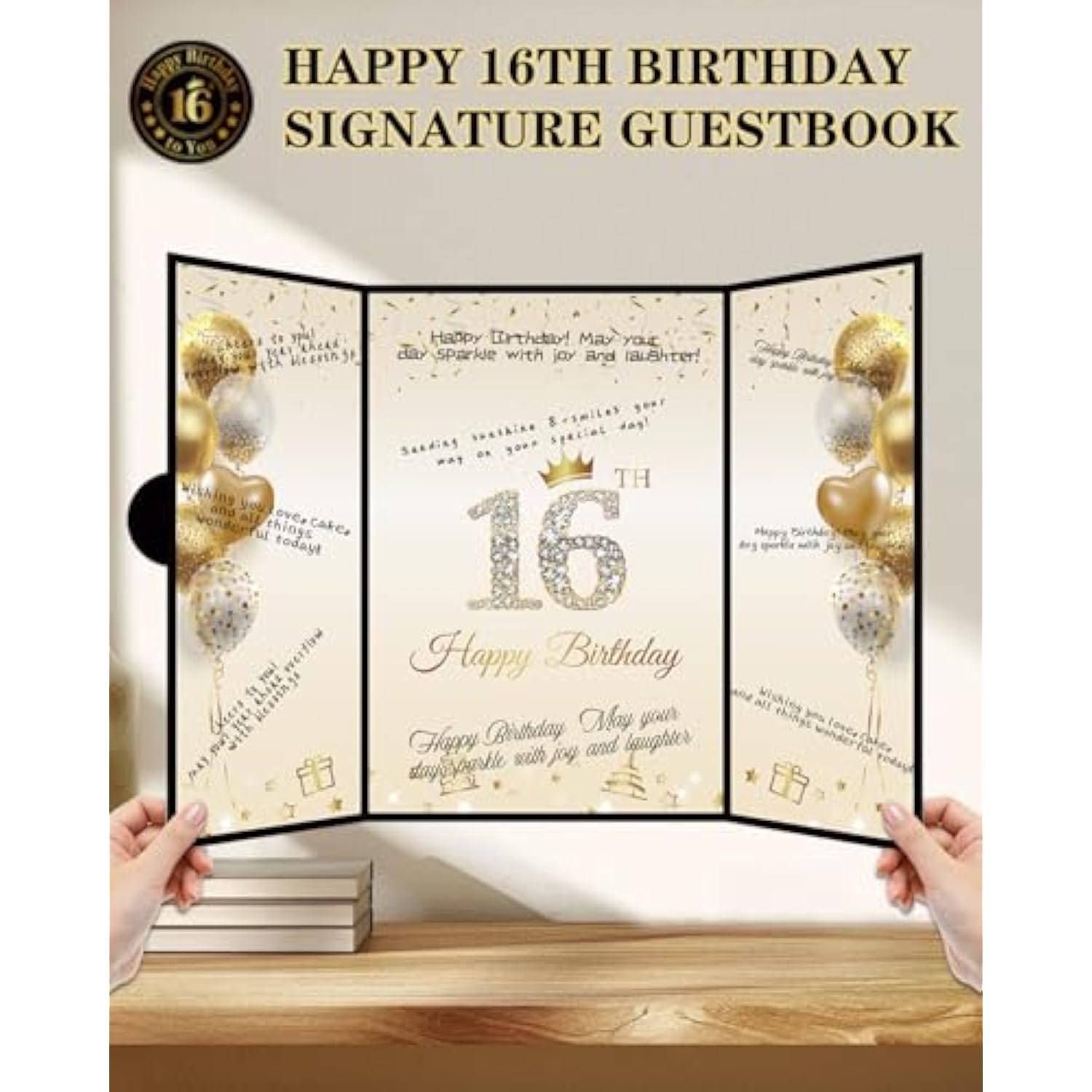 Sweet 16 Party Decorations Black Gold Sweet 16 Guest Book Alternative, Happy Sixteen Birthday Signing Card Board, 16Th Birthday Decorations For Boys Girls, 16Th Anniversary Gifts (Black Gold)
