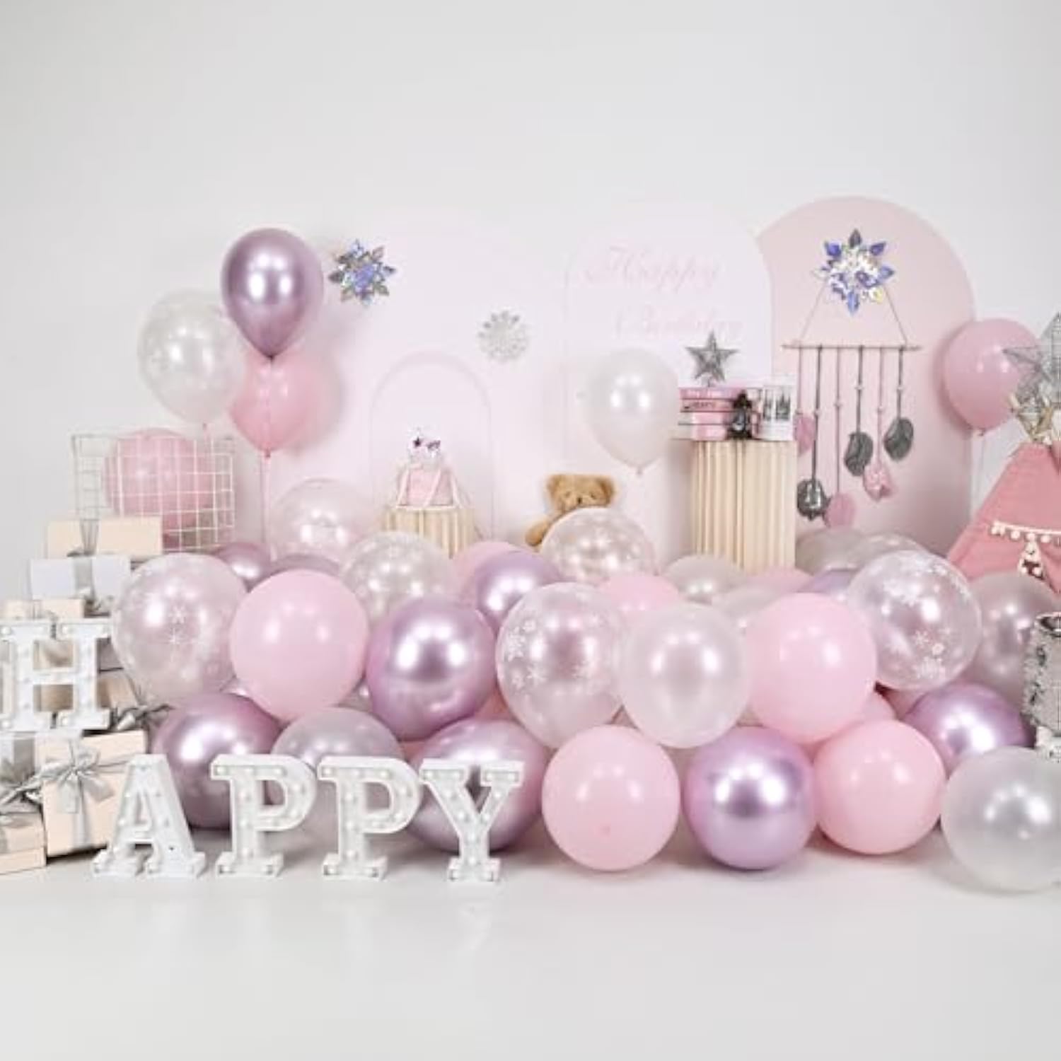 Pink Winter Wonderland Balloons, 50 Pcs 12 Inch Pearl White Balloons Pastel Metallic Pink Balloon For Girls Womem Winter Christmas Wonderland Birthday Baby Shower Ice Snow Princess Party Decorations