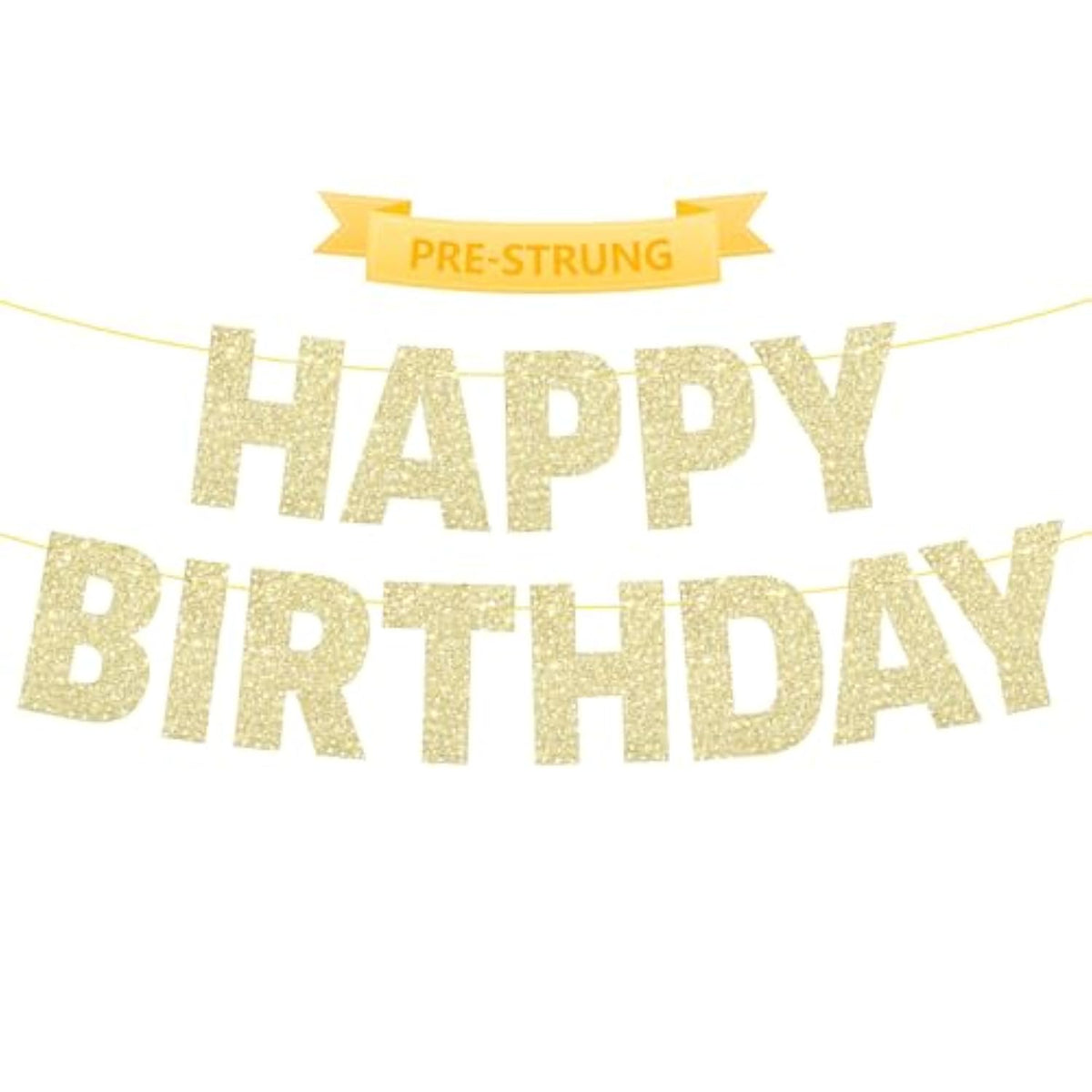 Pre-Strung Glitter Gold Happy Birthday Banner for Party Decorations