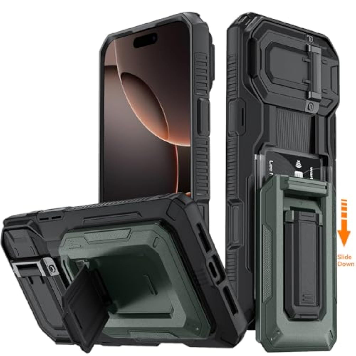 Heavy Duty Rugged Phone Case for iPhone 16 Pro Max with Semi-Automatic Card Slot, RFID Blocking, Kickstand, and Camera Lens Cover, Wallet, Green Color, 6.9 Inch Screen Size