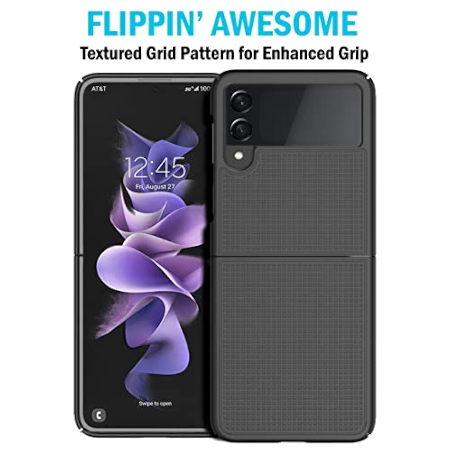 Case With Clip For Galaxy Z Flip 3 5G, Nakedcellphone [Grid Texture] Slim Hard Shell Cover And [Rotating/Ratchet] Belt Hip Holster Holder Combo For Samsung Z Flip3 Phone (Smf711, 2021) Black